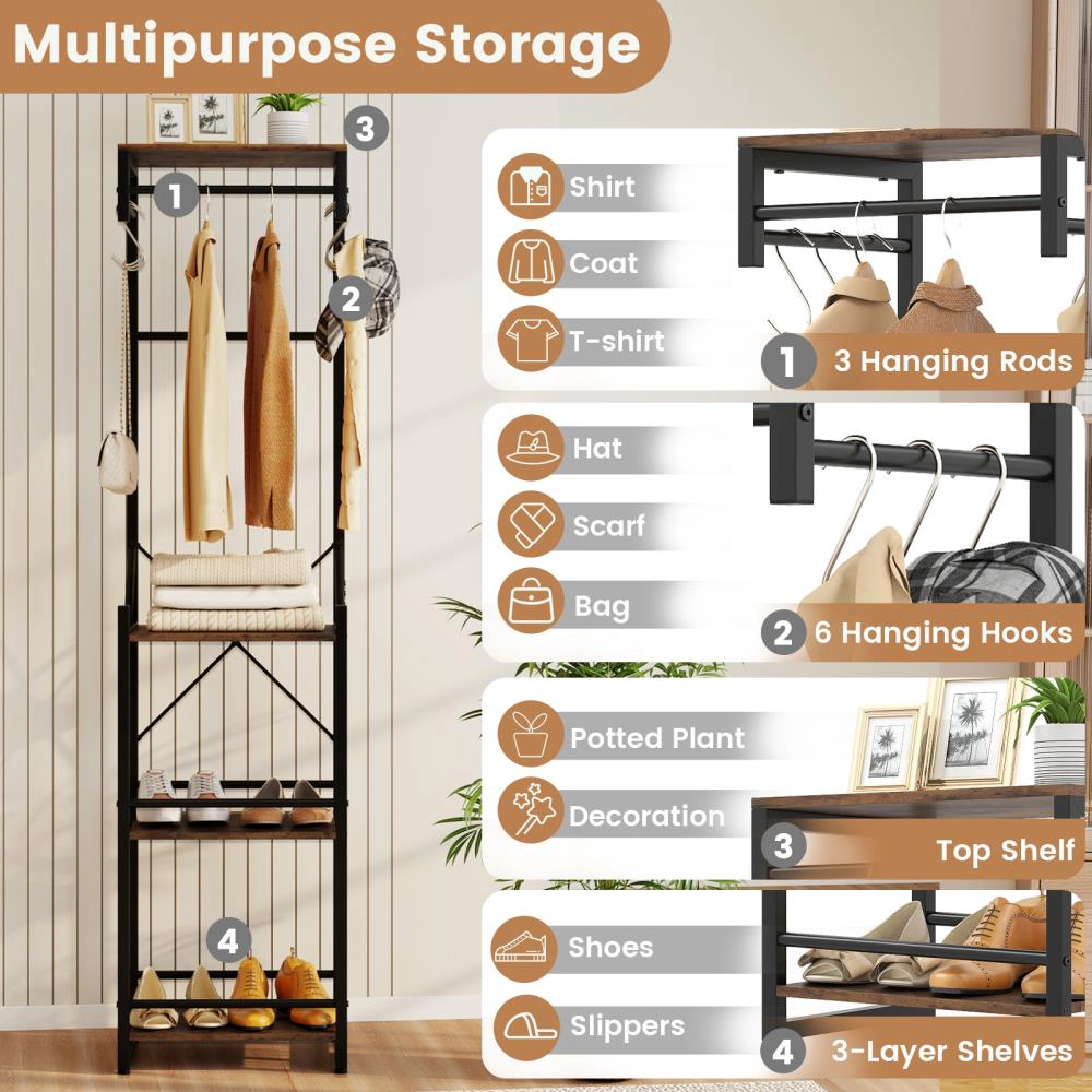 Hivvago Freestanding Coat Rack with 4 Storage Shelves and 6 Hooks