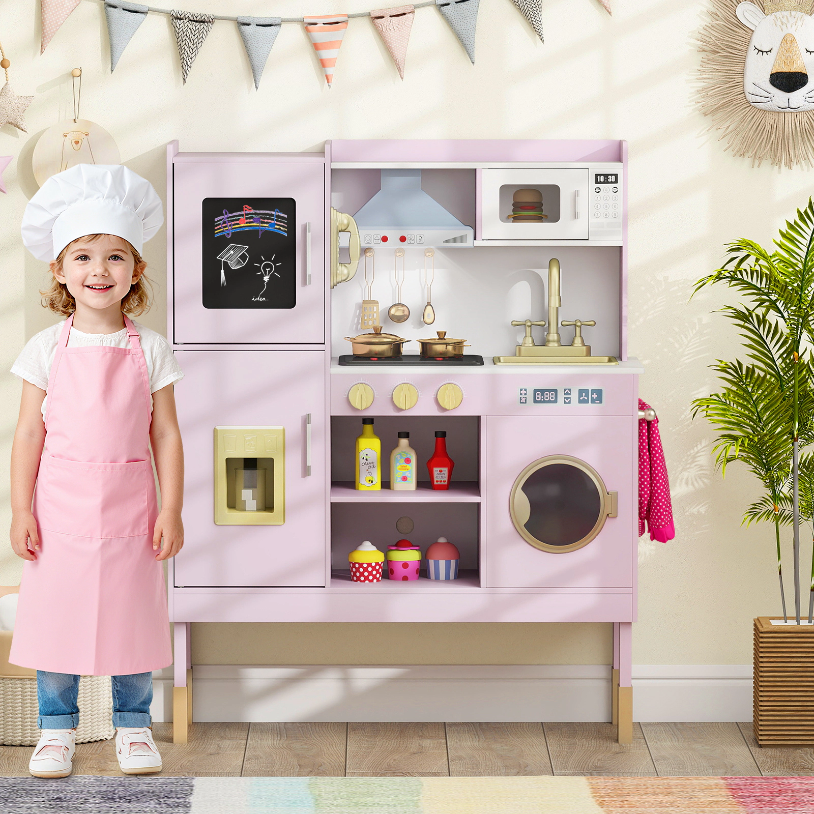 Toy Kitchen Playset for Toddlers Ice Maker Telephone Chef Hat Apron 21-in Counter 32.5-in x 11.5-in x 40.5-in Light Pink