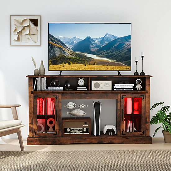 SUGIFT 58 in TV Stand with RGB LED Lights Remote Control and Tempered ...