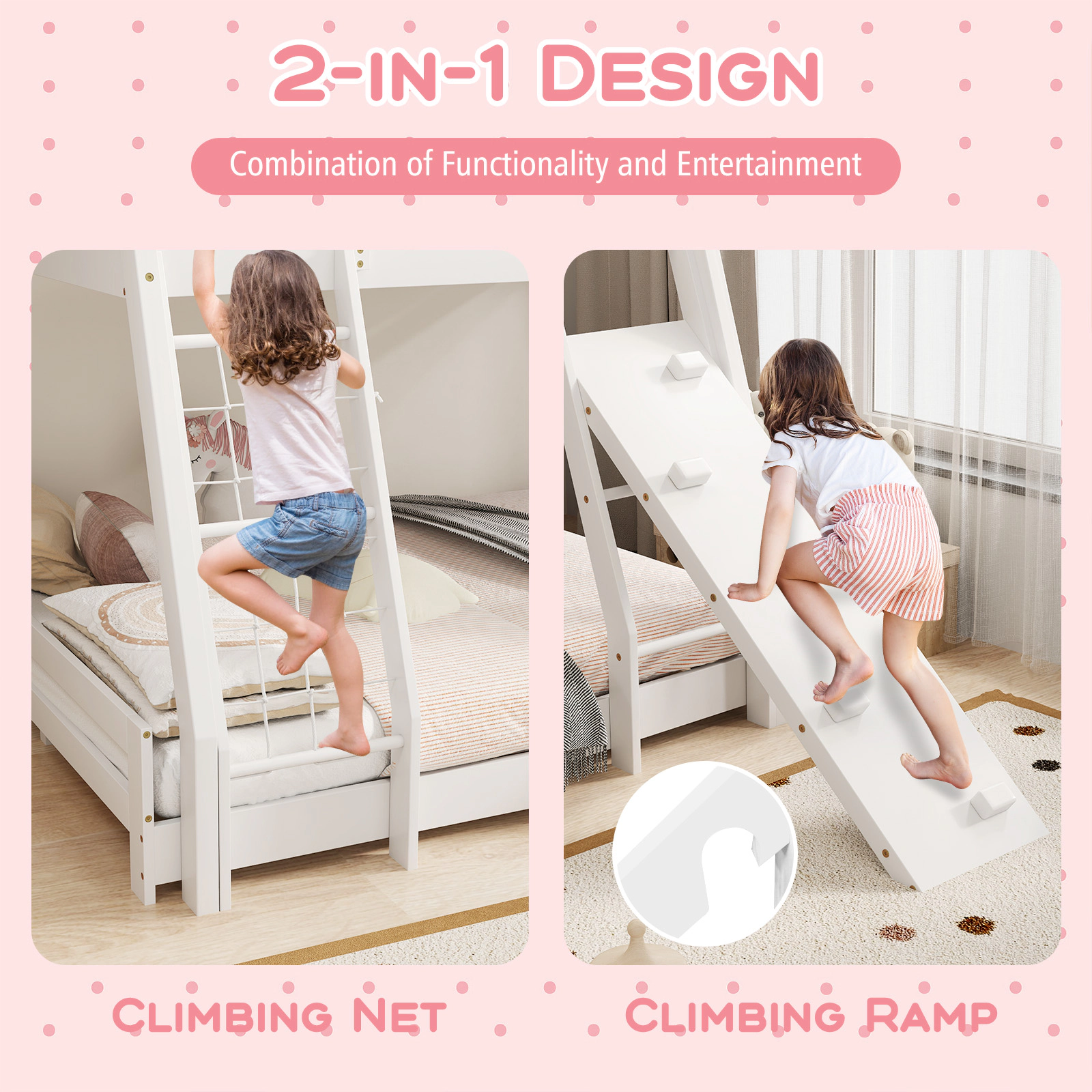 SUGIFT White Climbing Net Ramp and Guardrails Twin Over Queen Kids Bunk Bed