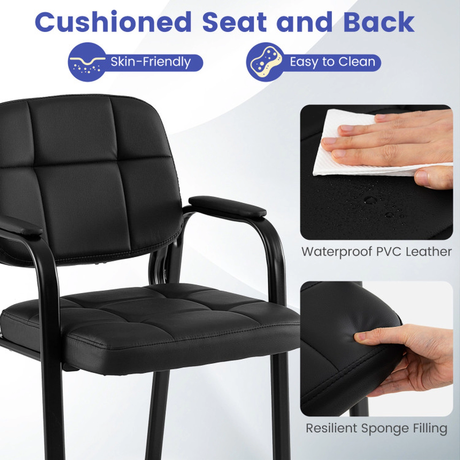 SUGIFT Set of 2 Black 330-lb Capacity PVC Leather Padded Armchairs with Sled Base and Cushioned Seat