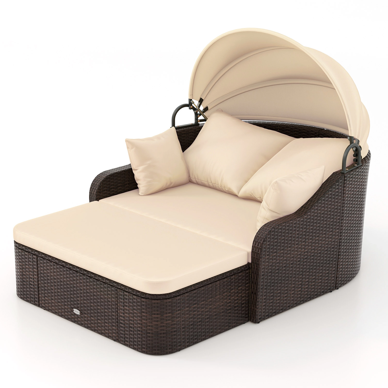 LJG Patio PE Rattan Daybed with Retractable Canopy and Soft Cushions