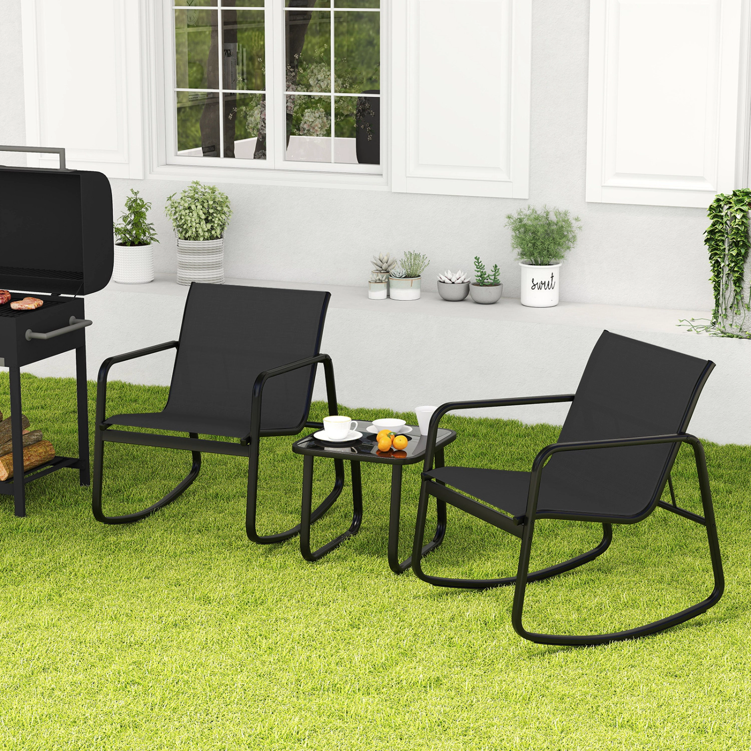 LJG 2 Rocking Bistro Chairs and Glass-Top Table for Porch Yard Balcony