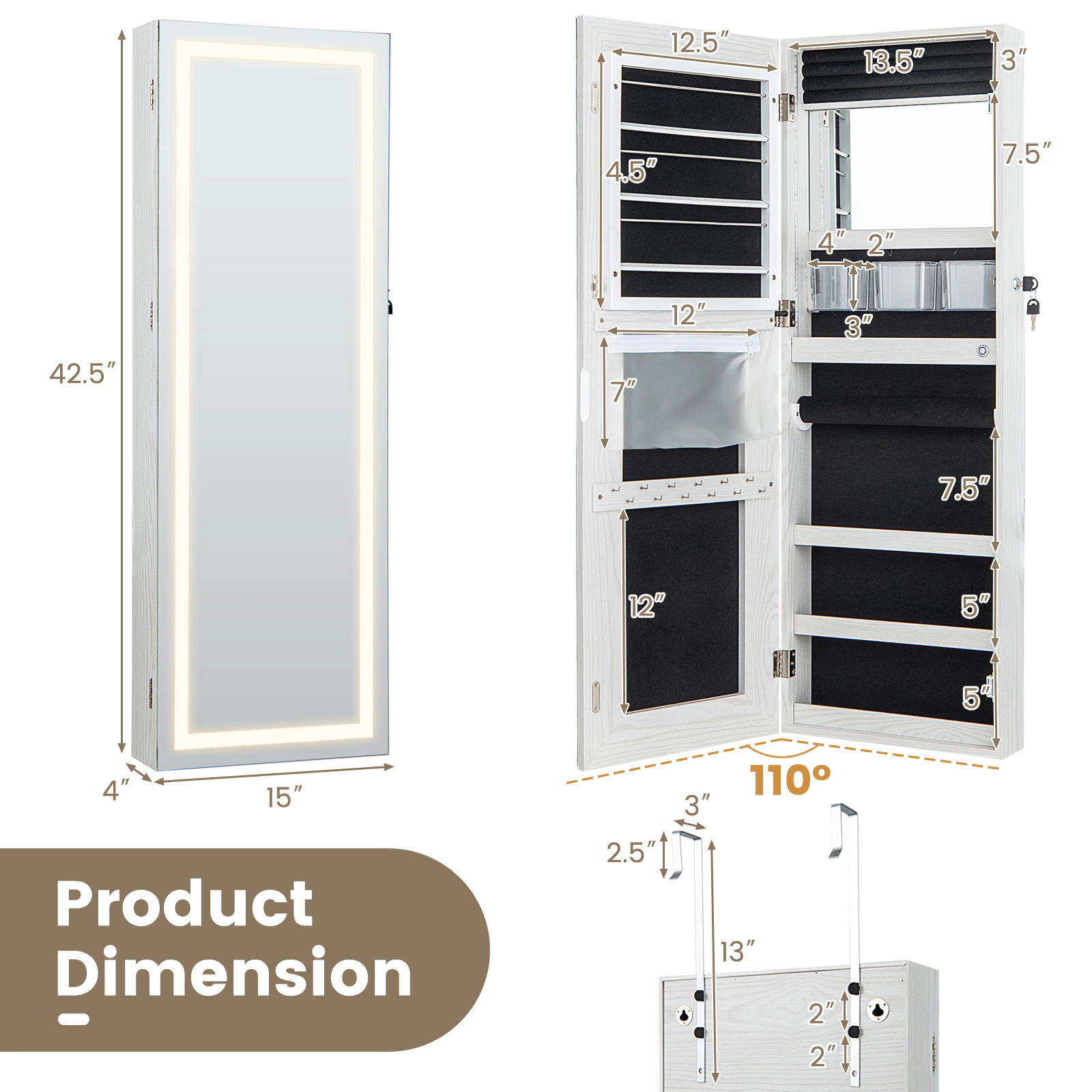 Hivvago Lockable Jewelry Mirror Cabinet with LED Lights