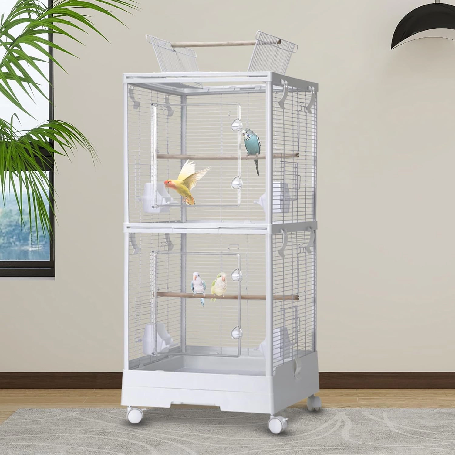 Double-Layer Transparent Bird Cage, Metal-Plastic Rolling Aviary for Small-Medium Pet Birds, White