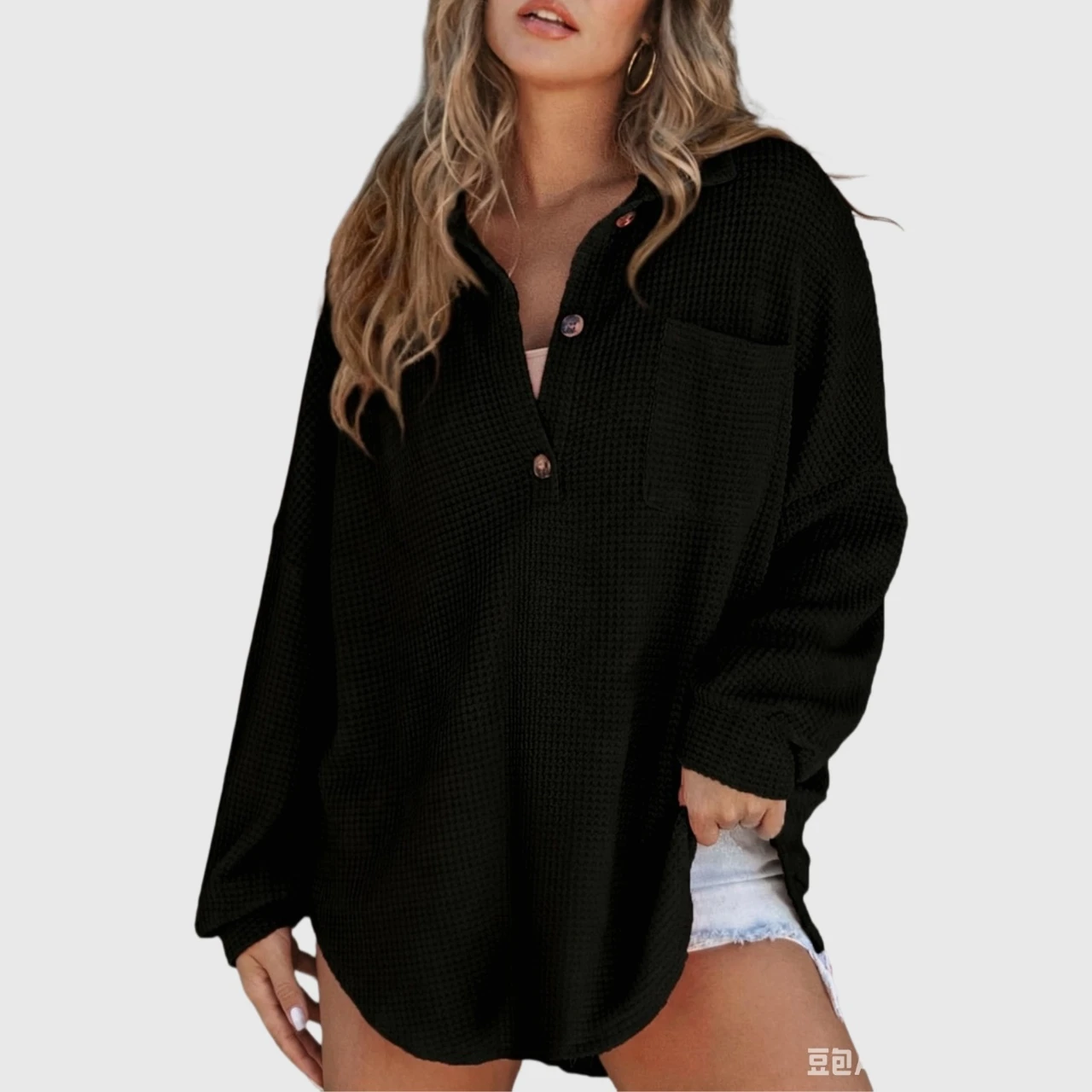 YesFashion Women Waffle Knit Henley Shirts Long Sleeve V Neck Solid Color Casual Tunic Tops