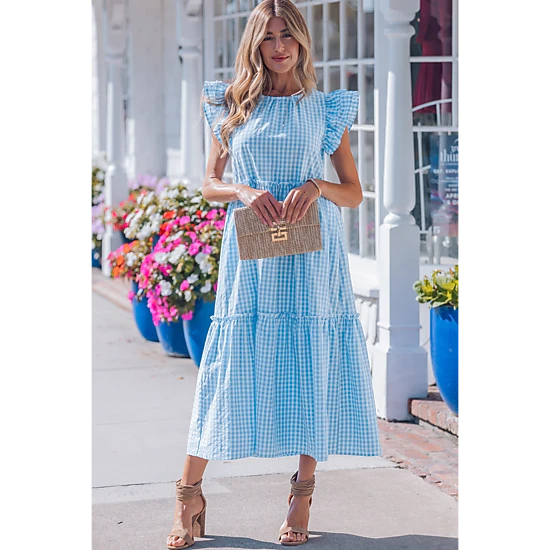 Threaded Pear Womens Deborah Sleeve Gingham Maxi Dress - Sky Blue