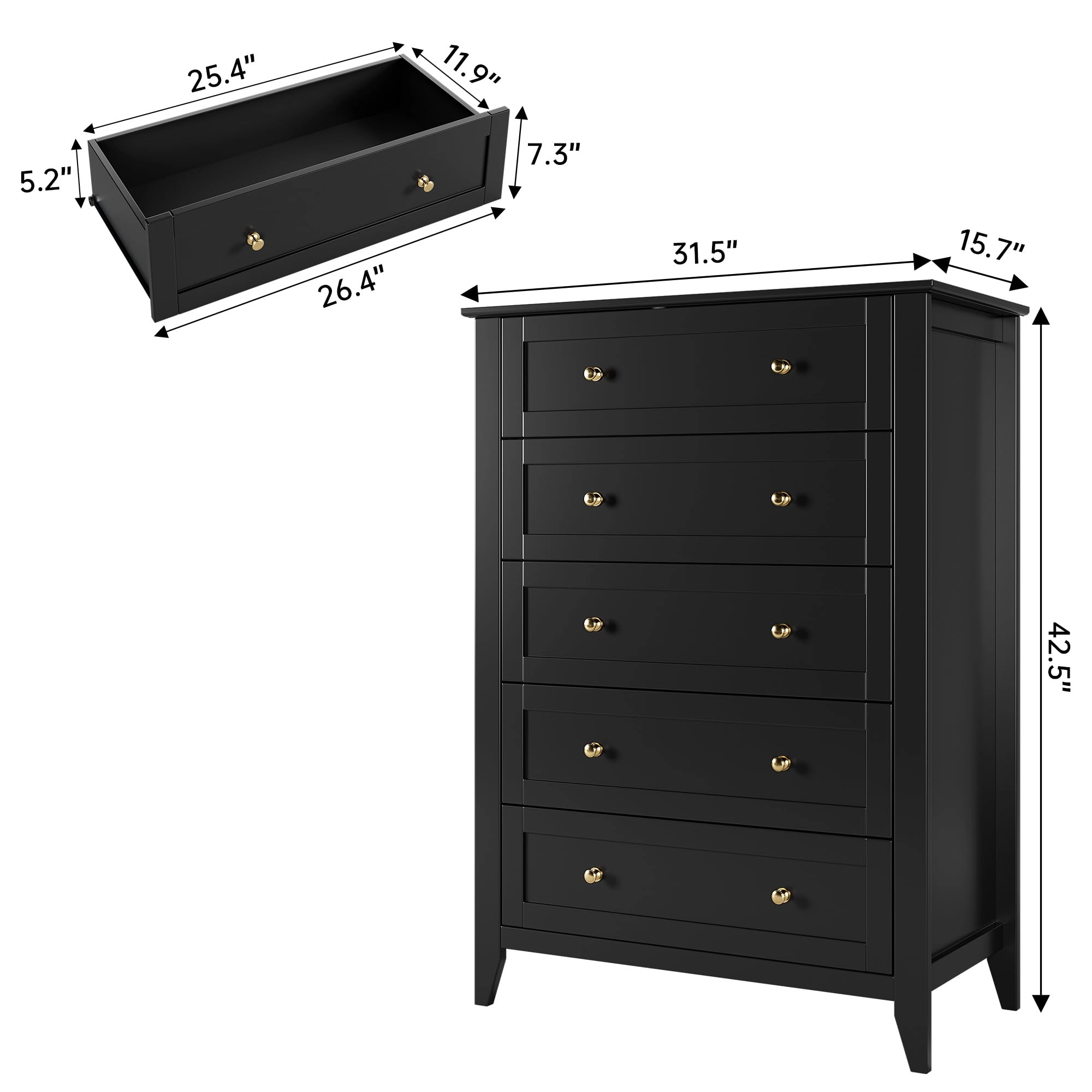5 Drawer Tall Modern Dresser with Metal Knobs, Wooden Storage Chest for Bedroom Entryway Hallway