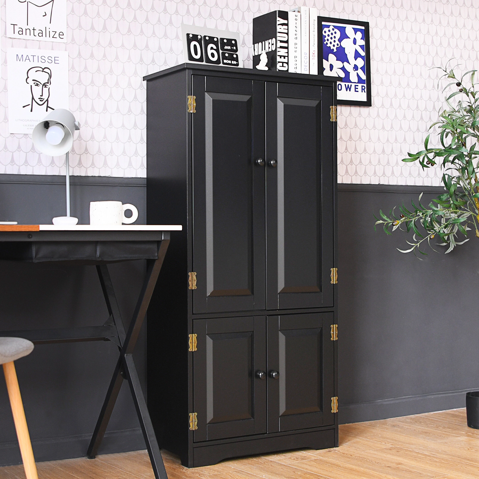 SUGIFT 49-in Tall 24-in Wide Black Antique Accent Storage Cabinet with 2 Doors and 5-Height Adjustable Shelves