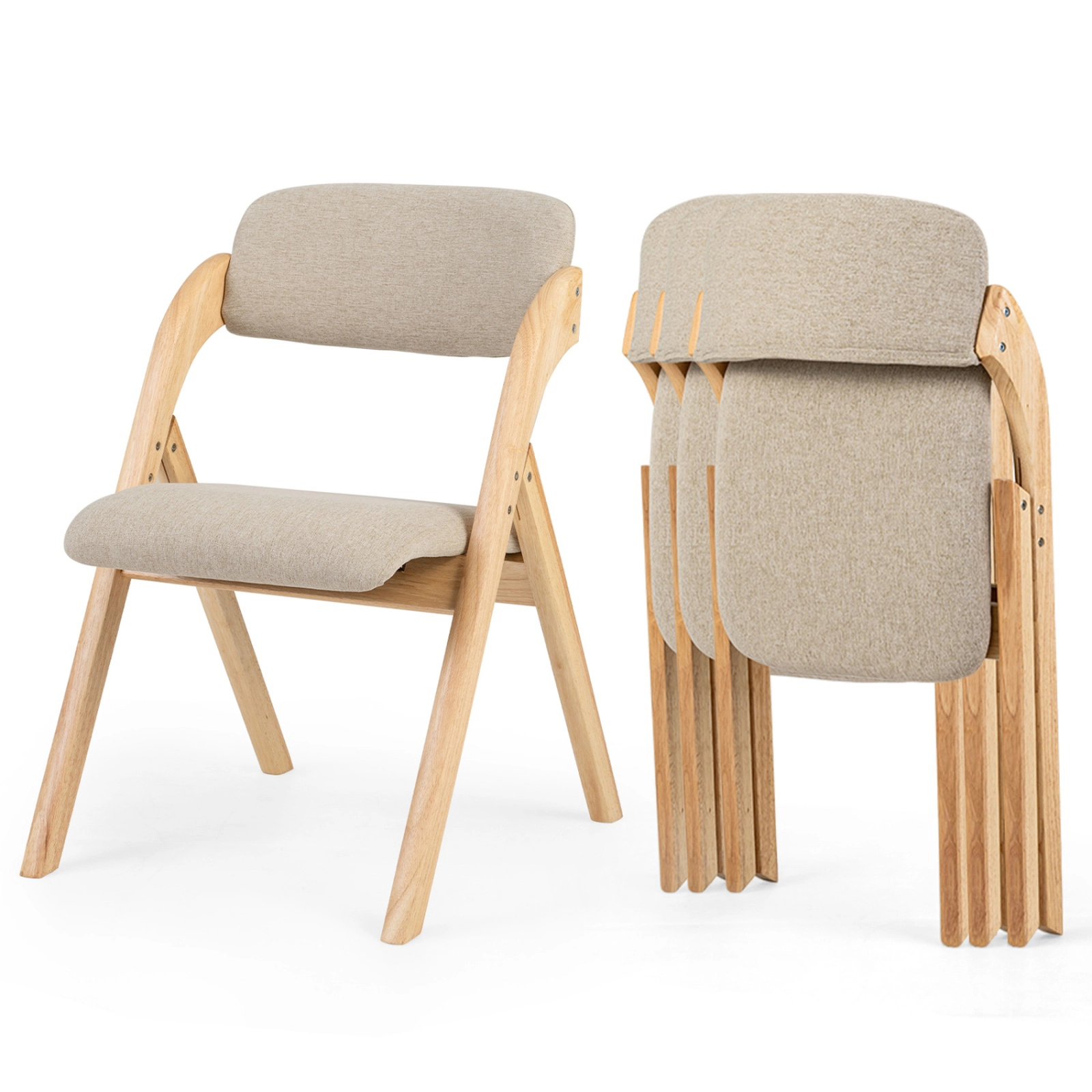 SUGIFT Folding Rubber Wood Dining Chairs Set of 4 with Linen Cushion 330-Lb Capacity Natural and Khaki