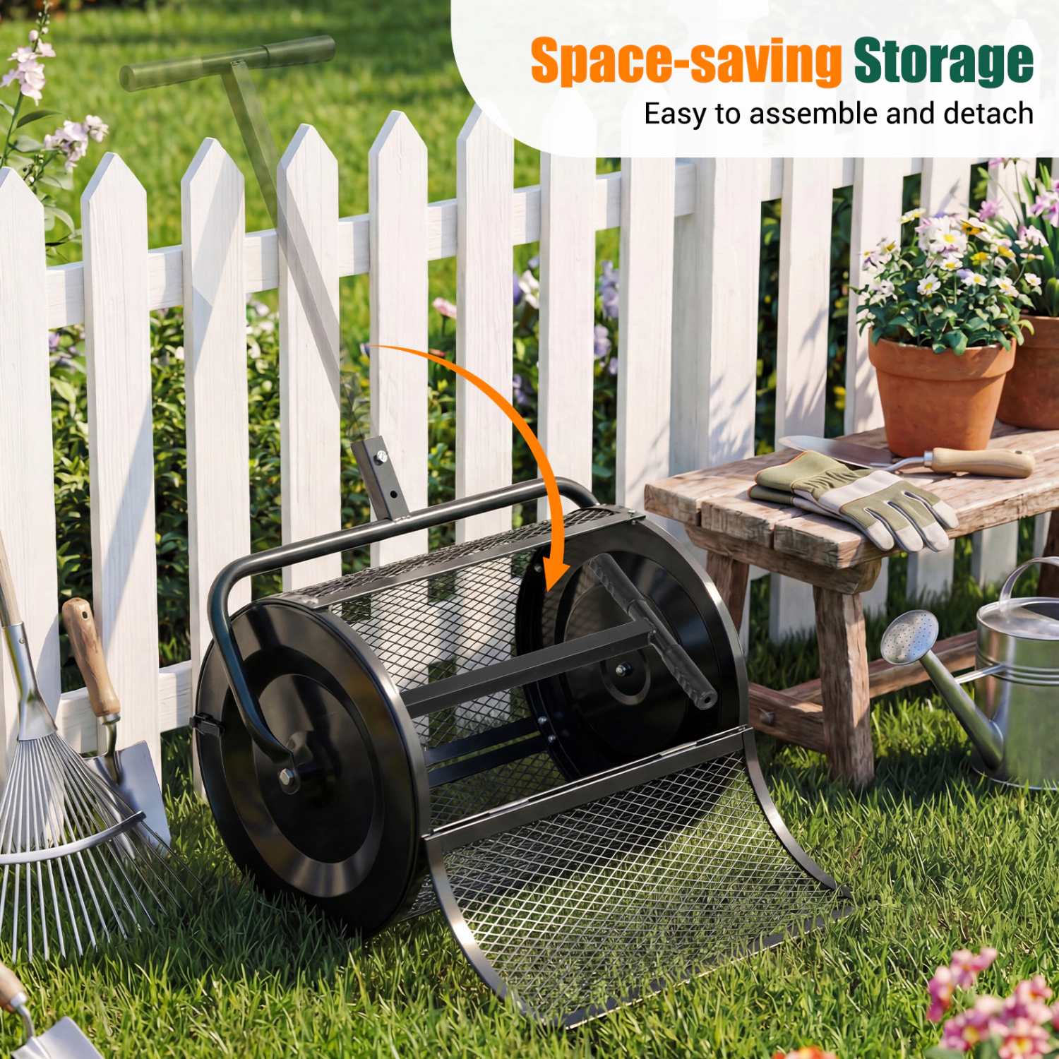 LJG Compost Spreader 24 Inch Peat Moss Roller with Height-Adjustable T-Shape Handle
