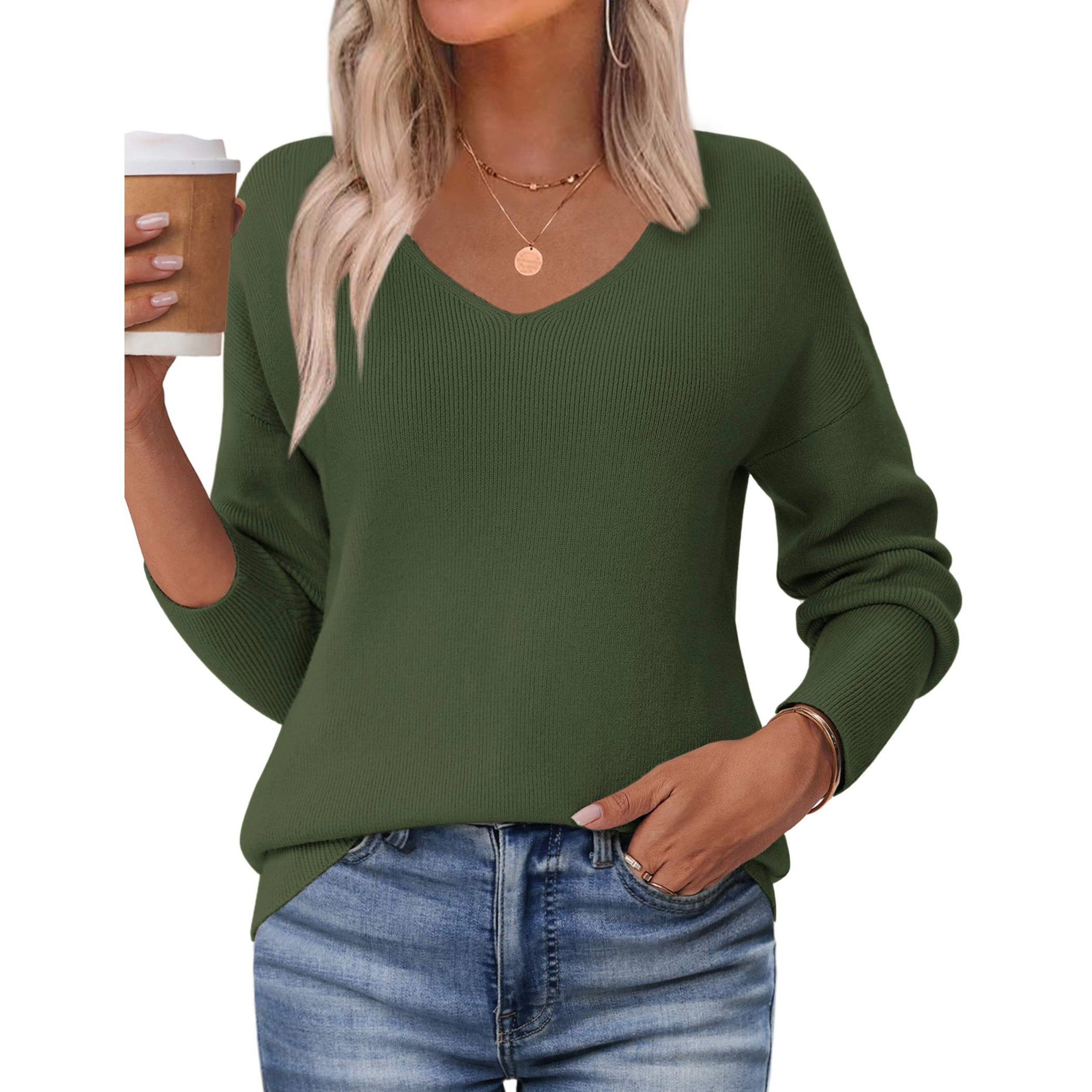 Zeagoo Women's Long Sleeve V-Neck Loose Knit Pullover