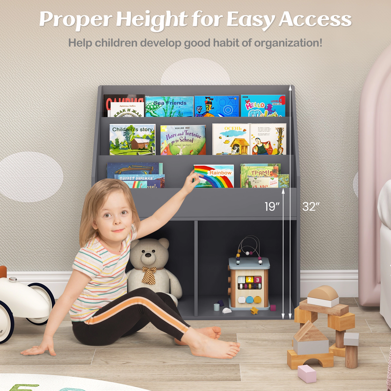 SUGIFT Kids Tiered Book Display Wide Lower Shelves Wooden Storage Bookcase 29-in x 12-in x 32-in 33-lb Shelf Gray