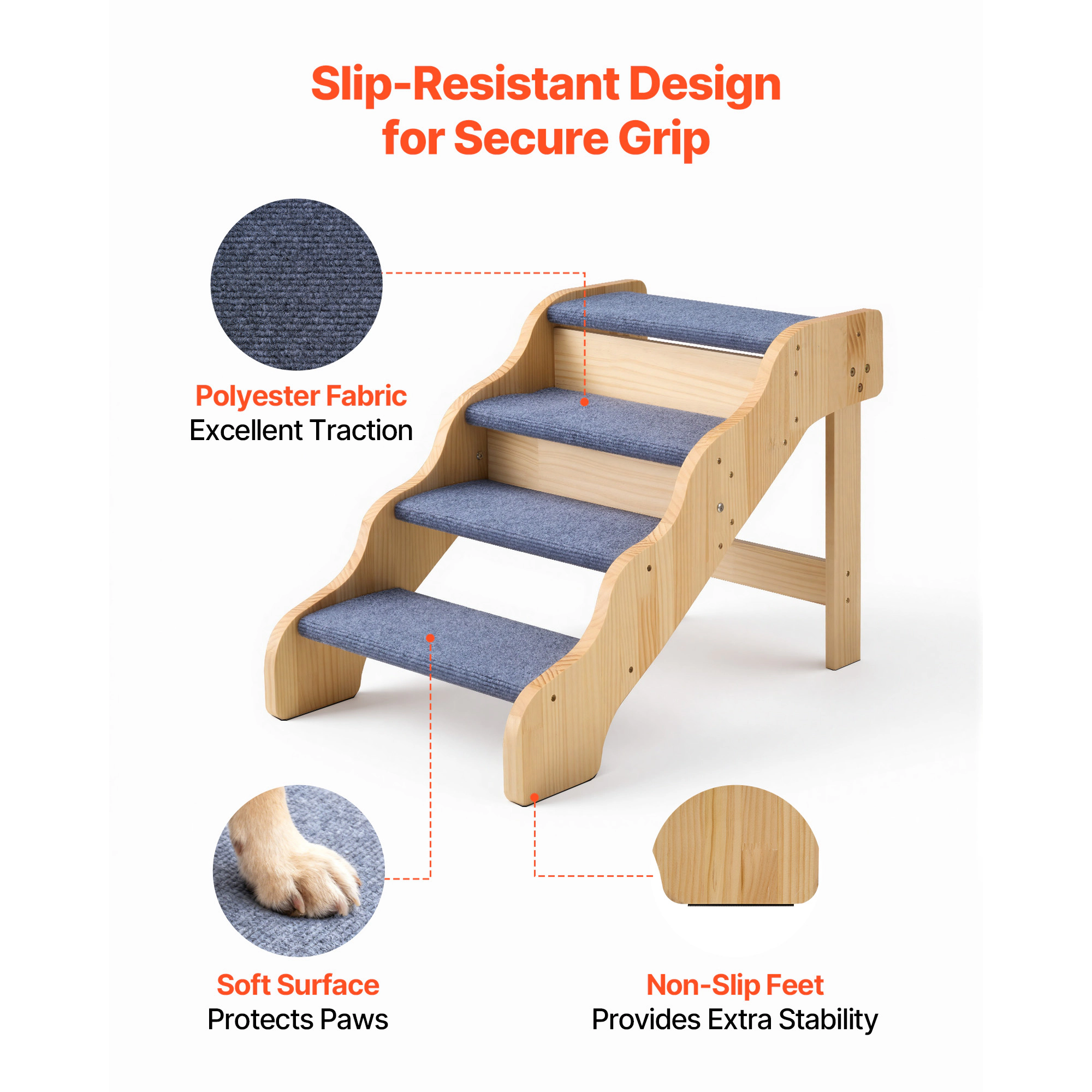 HONGGE 4-Step Non-Folding Wood Dog Stairs for High Beds & Sofas, Fixed Frame, Supports Pets up to 150 lbs