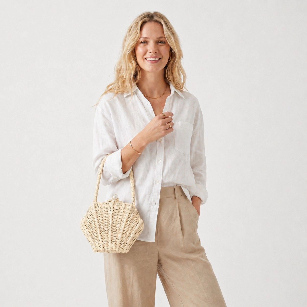 Alilang Women's Shell Woven Top Handle Bag with Pearl Button and Detachable Chain Strap, Beige