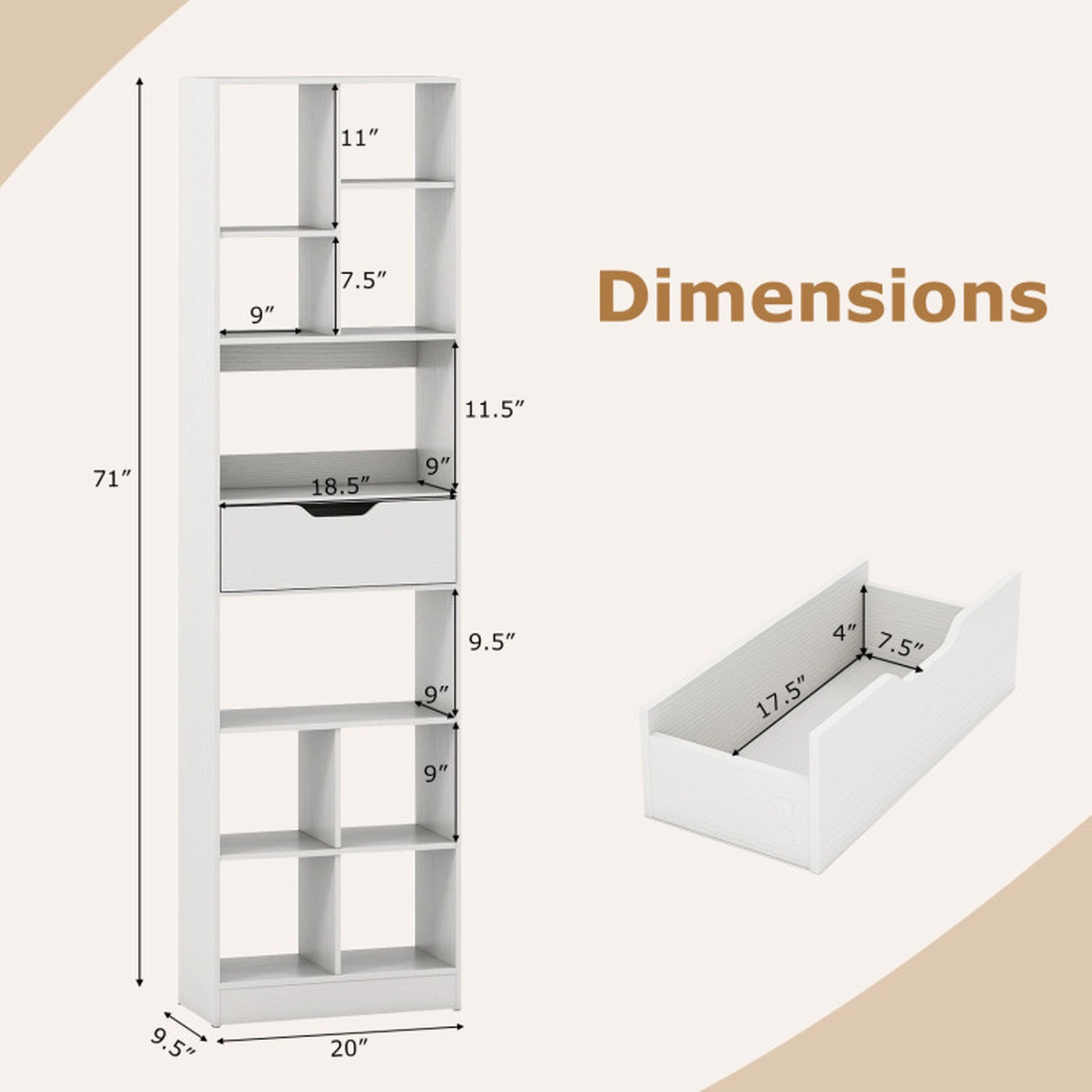 SUGIFT 10-Cube 205-lb Capacity White 71-in Tall Freestanding Bookshelf with Drawer Anti-Fall Guard