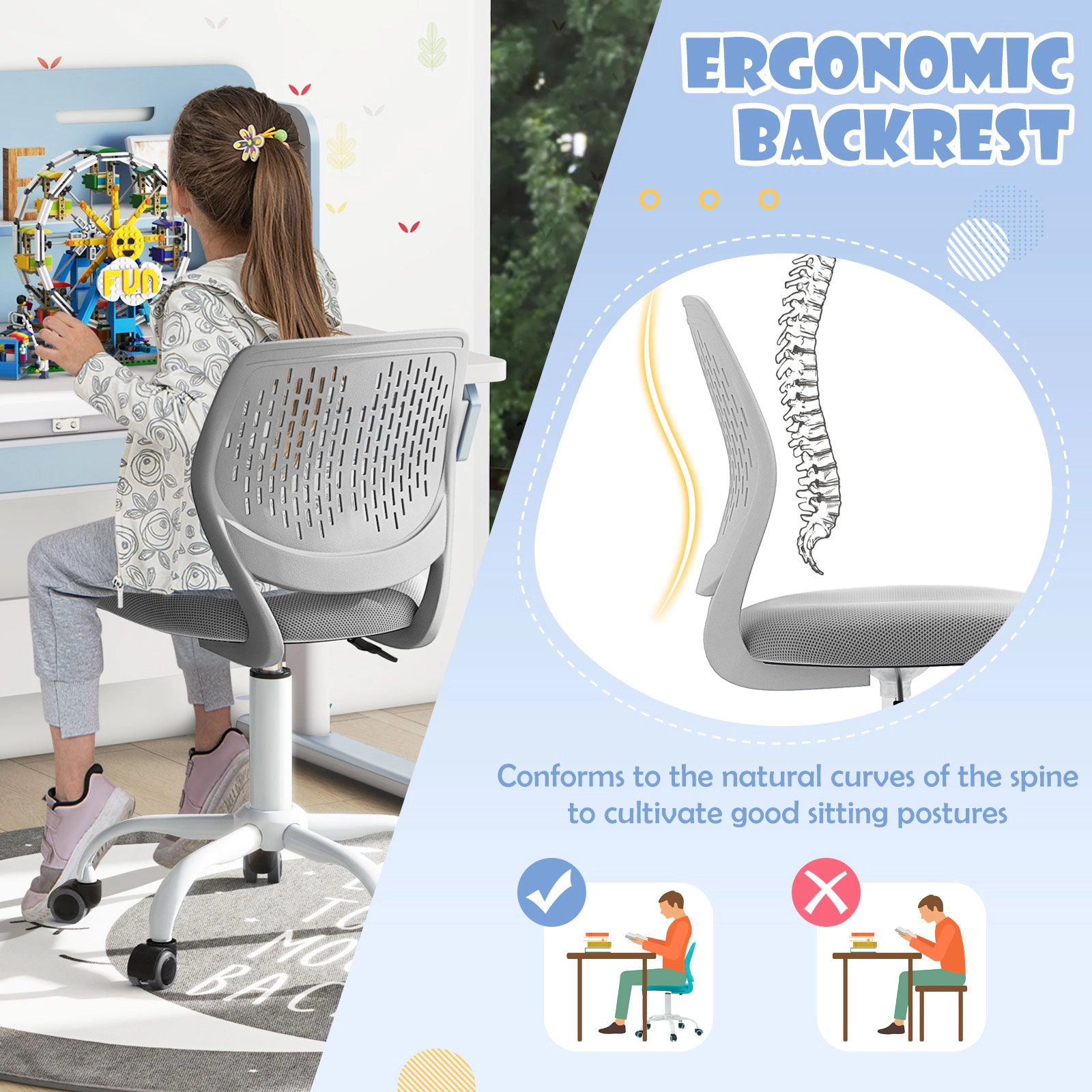 SlickBlue Children Swivel Task Chair with Rolling Casters and Seat