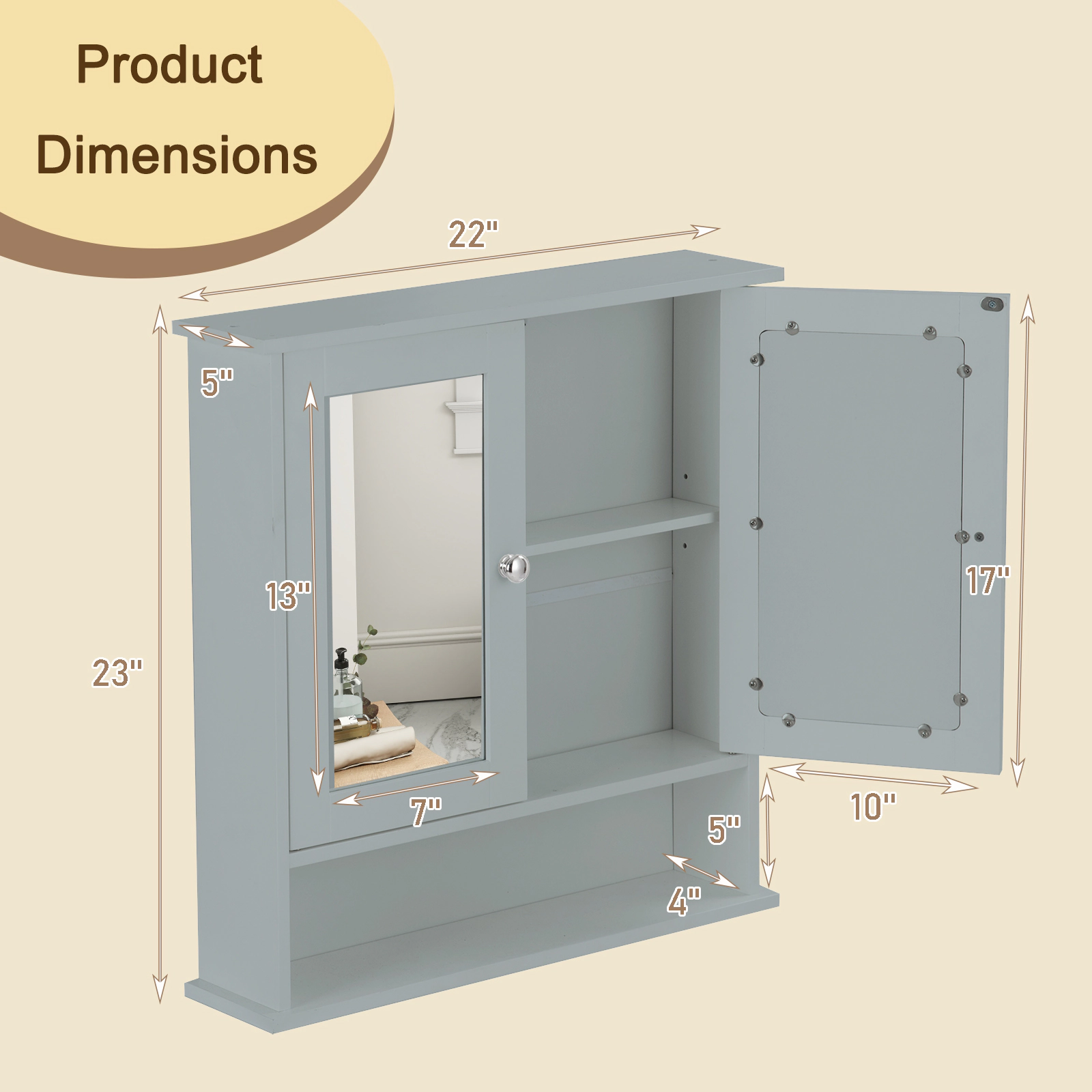 SUGIFT Twin Mirror Doors 3-Level Adjustable Shelf Bathroom Medicine Cabinet 22-in x 5-in x 23-in 44-lb Gray