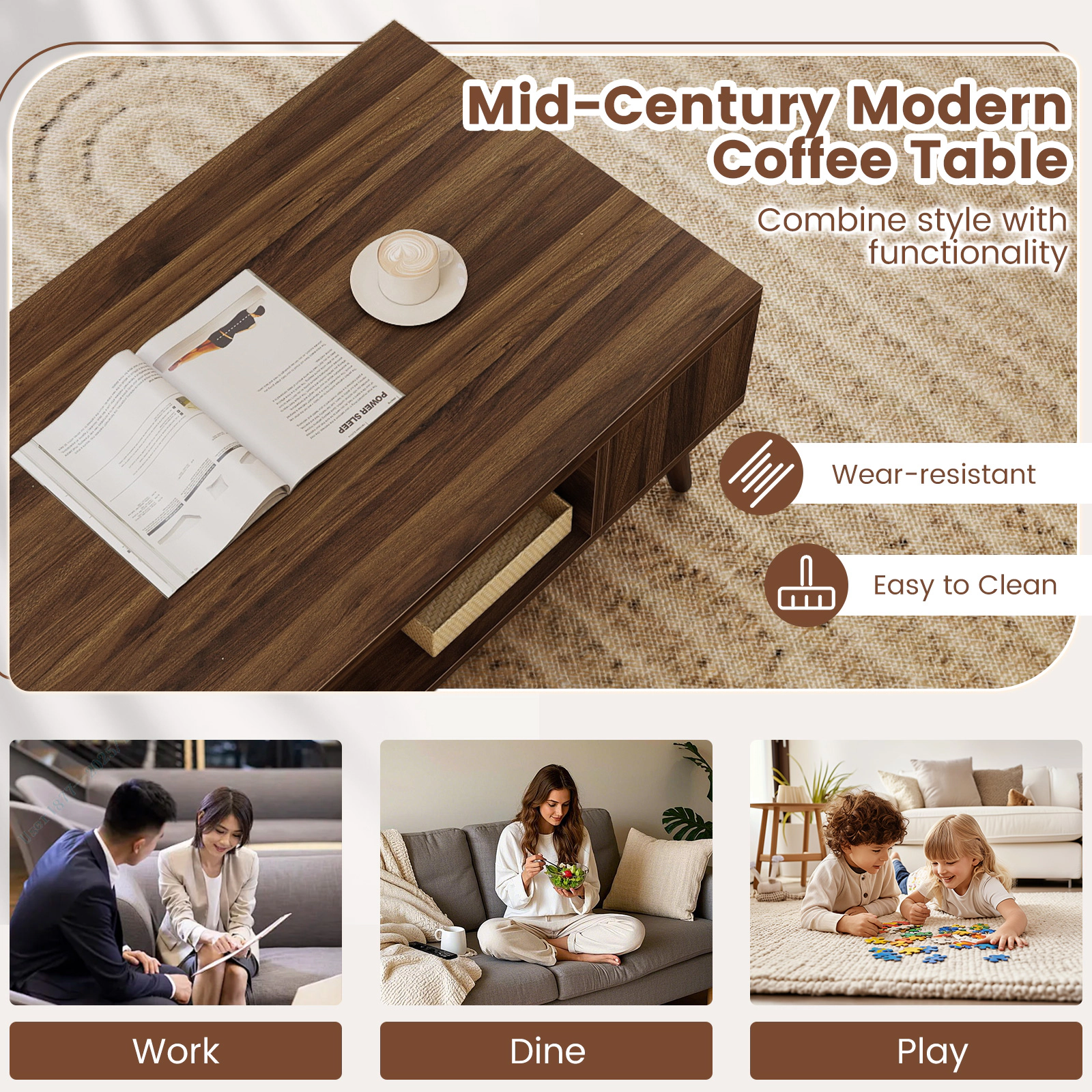 Glintex 42-Inch Mid-Century Coffee Table with Open Compartment and Shelves, Walnut