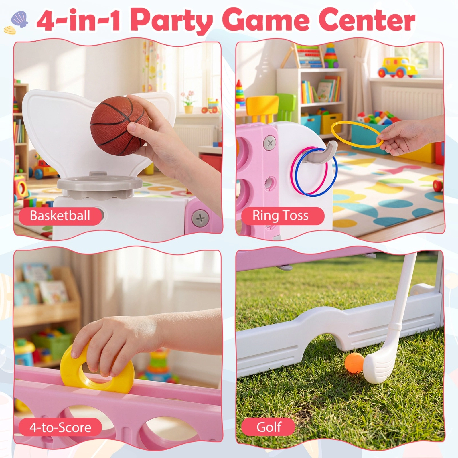 SUGIFT Integrated 4-Game Jumbo Connect Four Combo Game Set with Ring Toss and Basketball Pink Blue Gray Navy