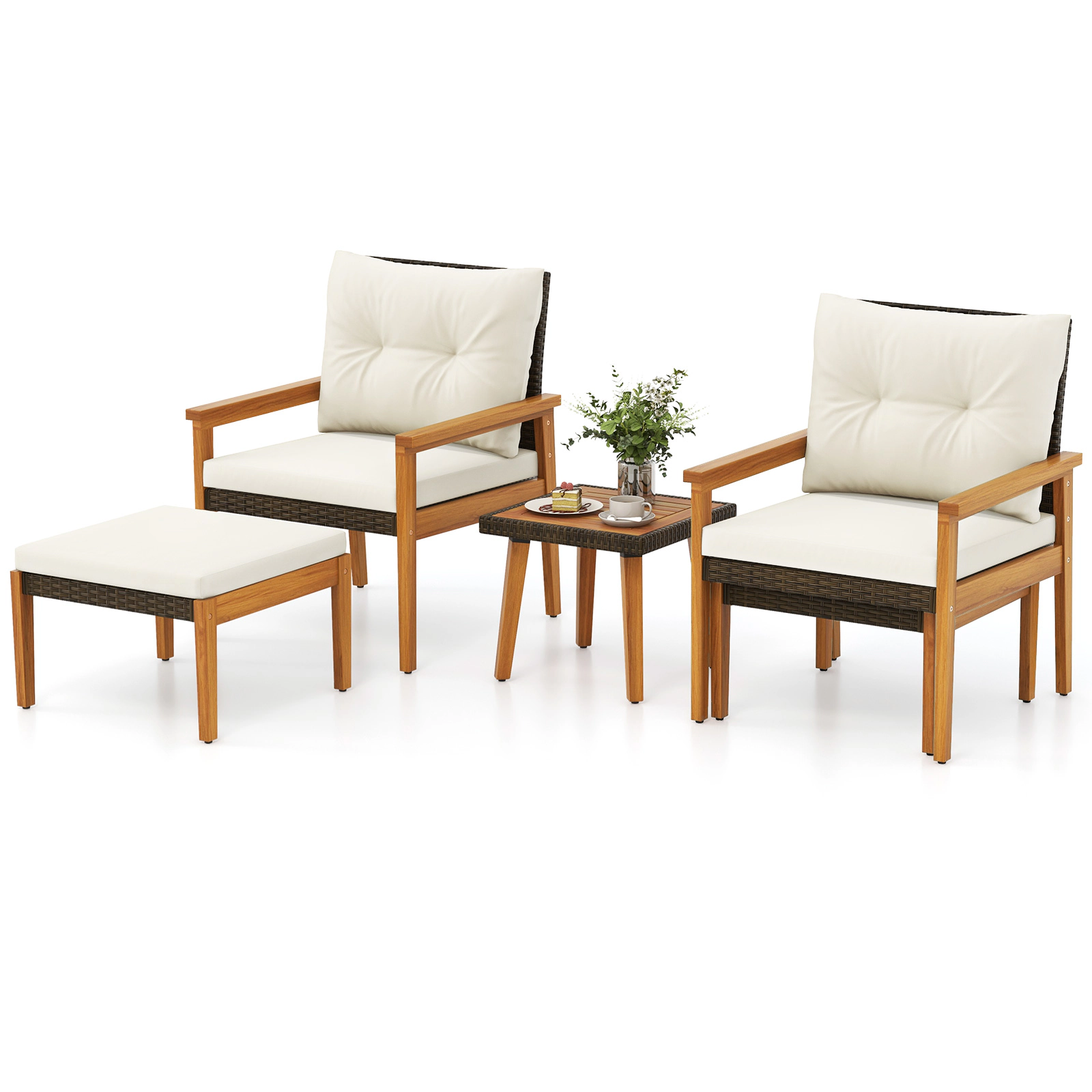 SUGIFT White 2 Ottomans and Square Coffee Table 5-Piece Patio Rattan Chair Set