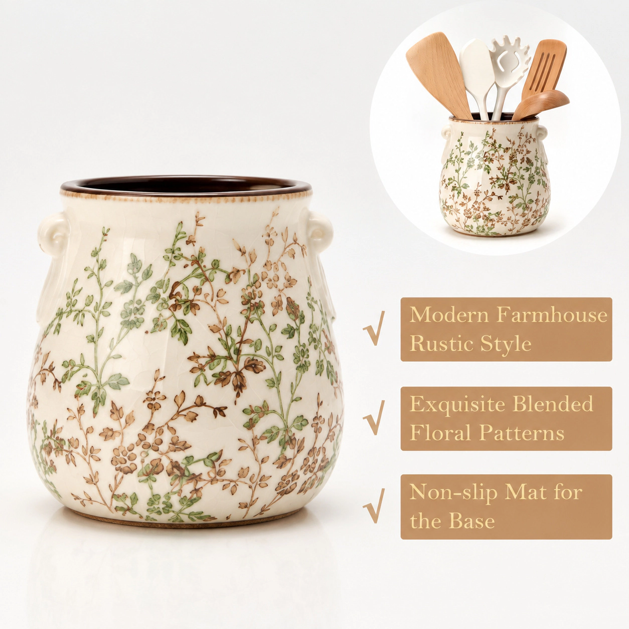 WZK Modern Farmhouse Ceramic Rustic Floral Kitchen Utensil Holder