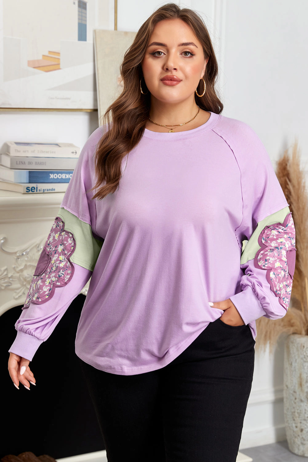 Threaded Pear Women's Phalaenopsis Flower Patch Colorblock Plus Pullover Top