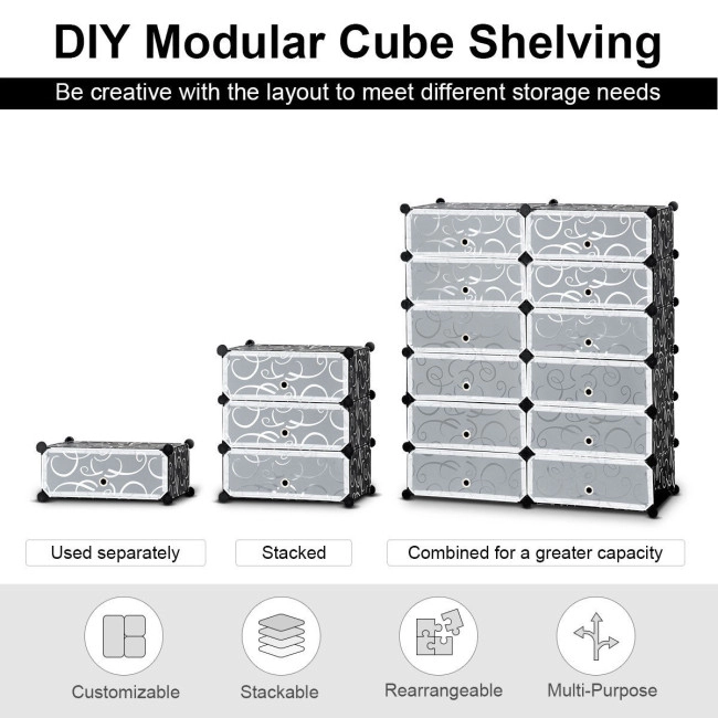 SUGIFT 12-Cube Black DIY Portable Plastic Shoe Rack with Transparent Flip Doors 37.5-in W 43-in H 22-lb Per Cube