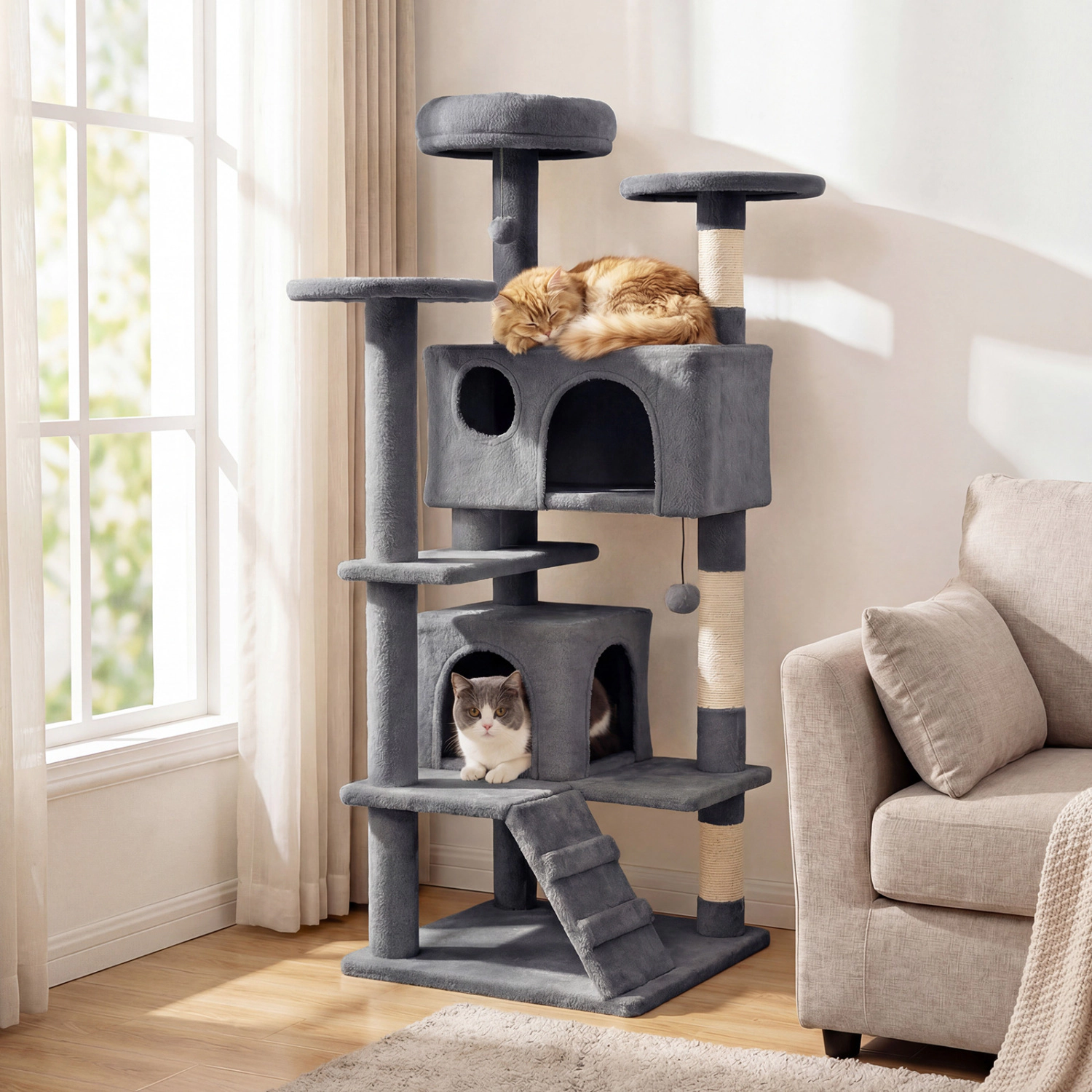 SUGIFT Light Gray 52 in Tall Cat Tree with 2-Door Cave and Round Platforms