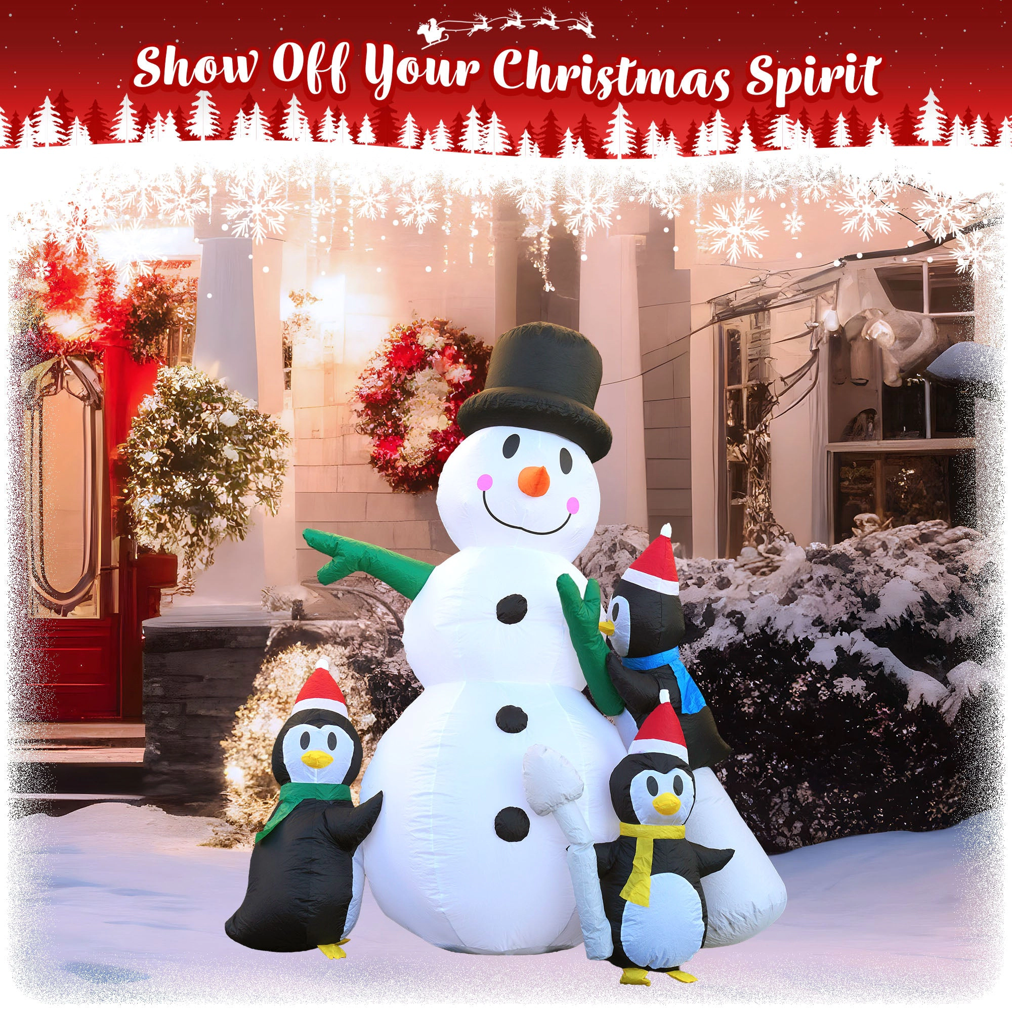 G128 8 ft Snowman with Three Penguins Inflatable, LED Lights, Weather-Resistant Outdoor Decor