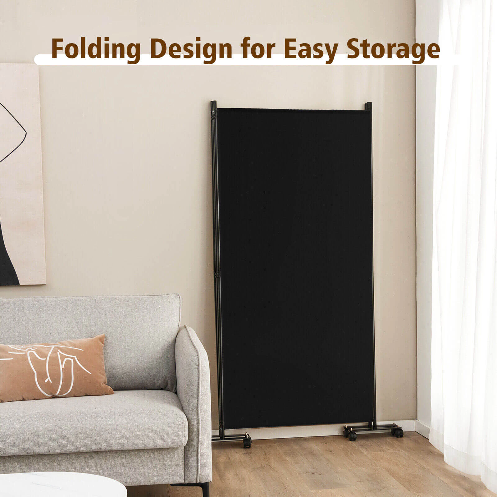 SUGIFT Black 3-Panel Folding Room Divider Privacy Screen with Lockable Wheels and 32-in by 65-in Panels