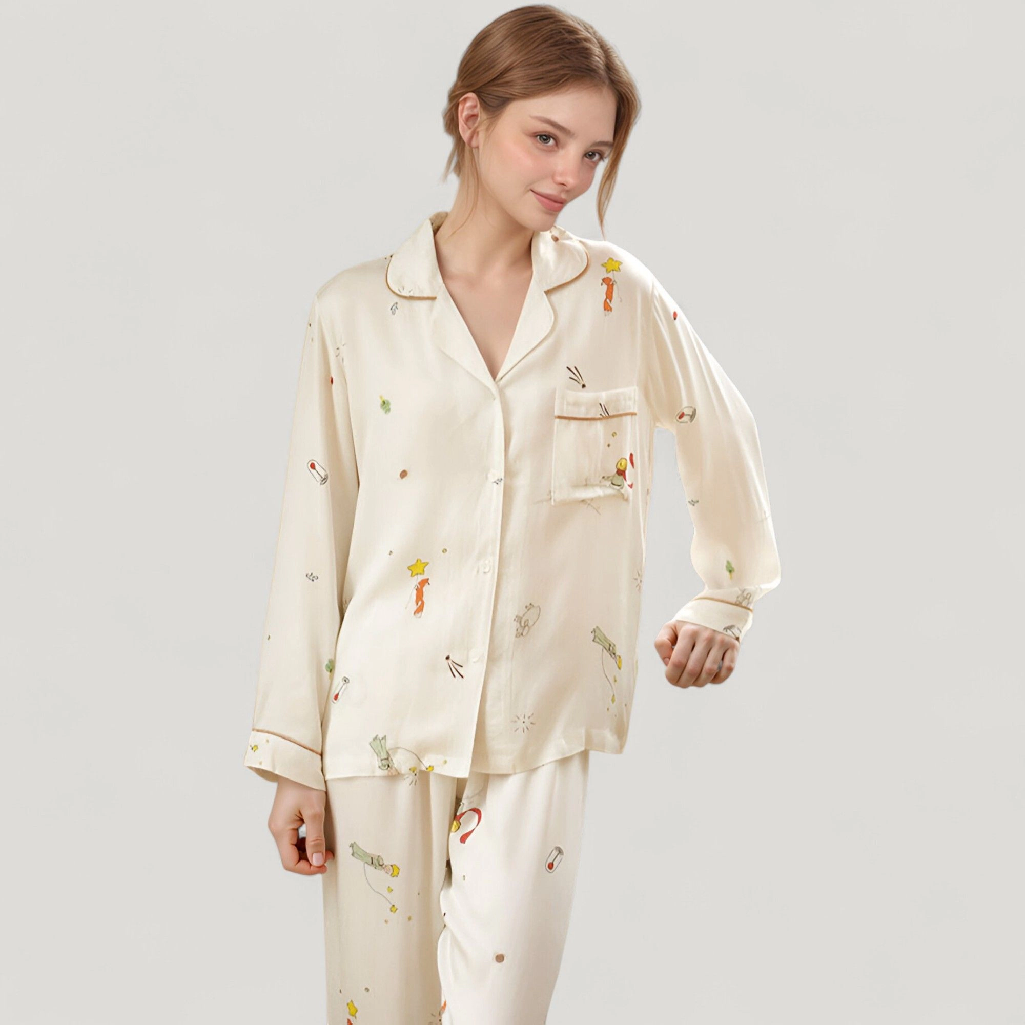 Anna-Kaci Women's Button Down Two-Piece Pajama Set with Allover Whimsical Print and Chest Pocket