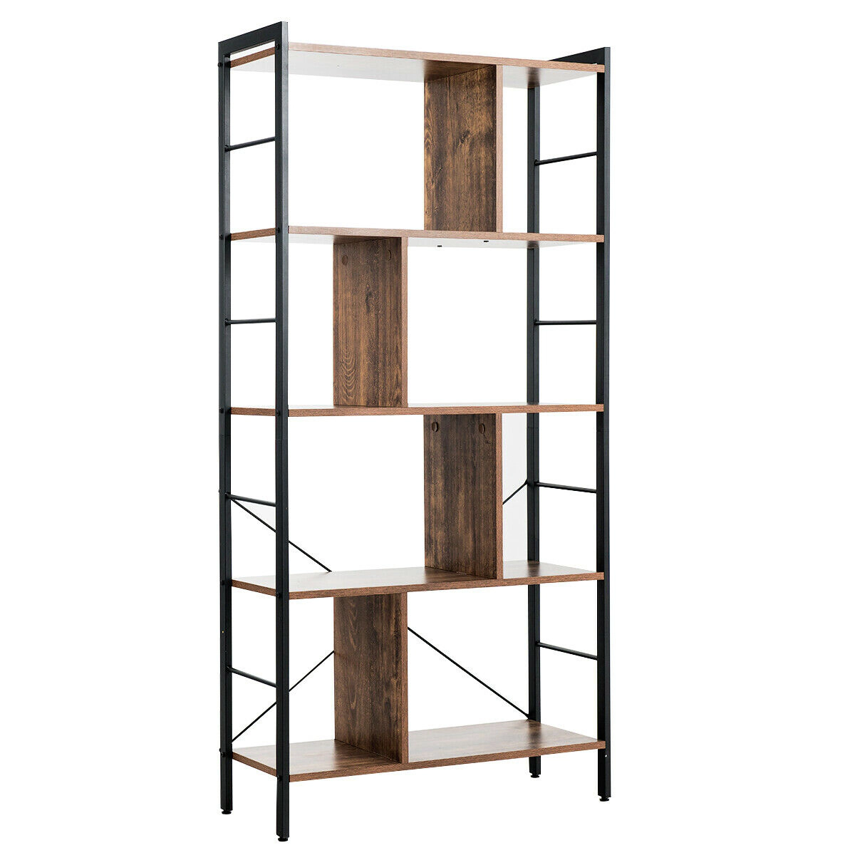 SUGIFT Rustic Brown 4-Tier Industrial Freestanding Bookshelf with Metal Frame
