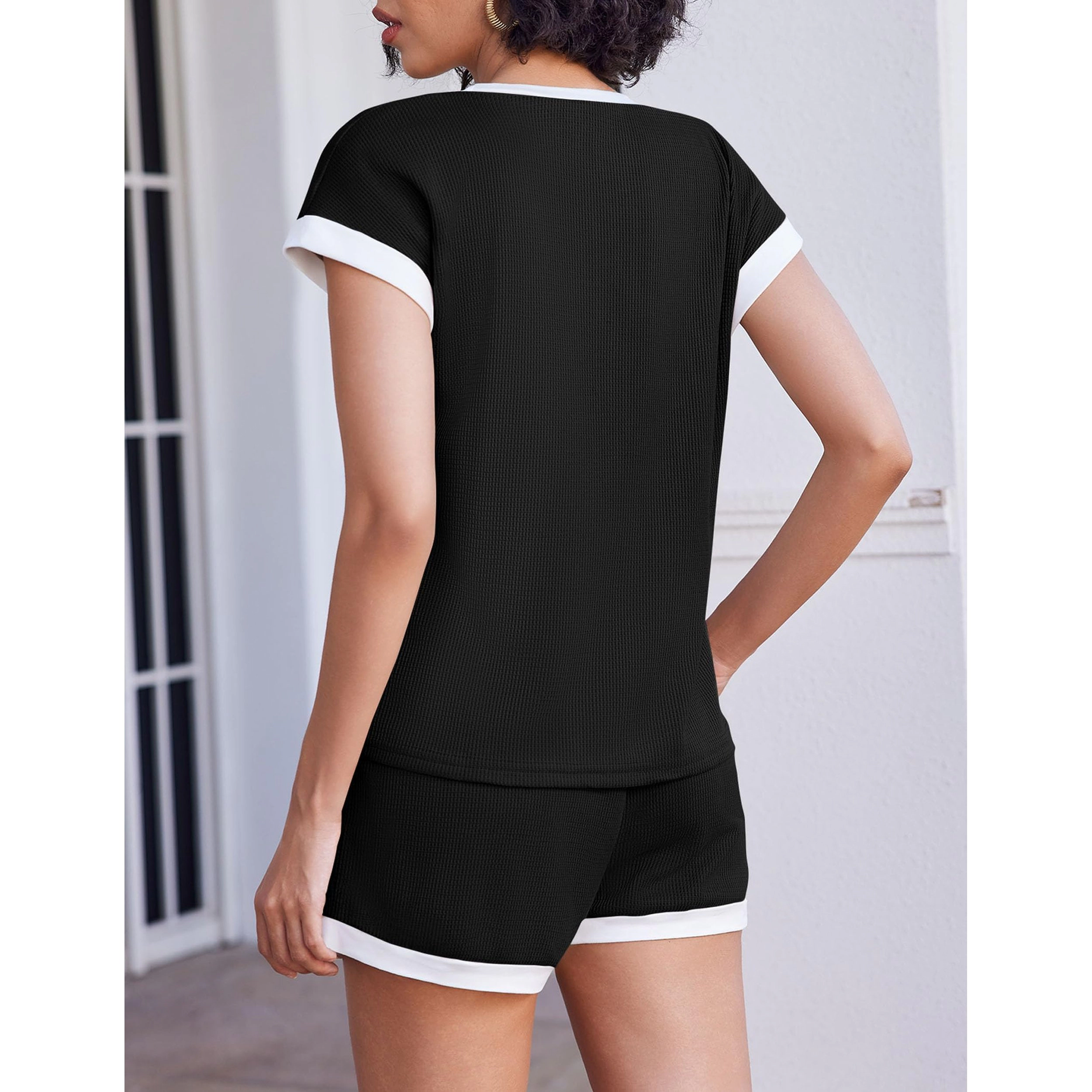 Ekouaer Women's Crew Neck Short Sleeve Striped Top & Shorts Set