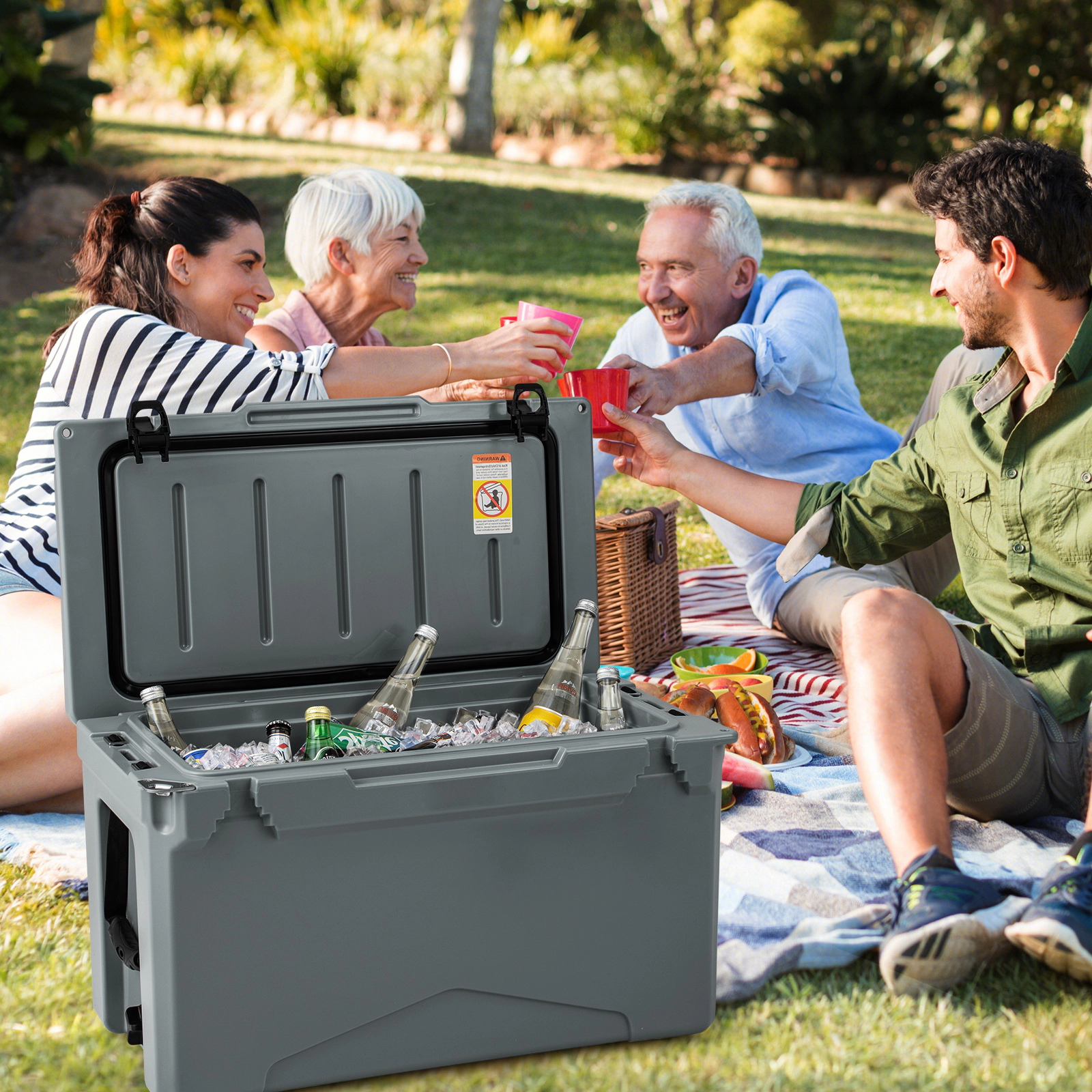 SUGIFT Gray 50-qt 220-lb Capacity Rotomolded Hard Cooler Ice Chest with Cup Holders and Bottle Opener