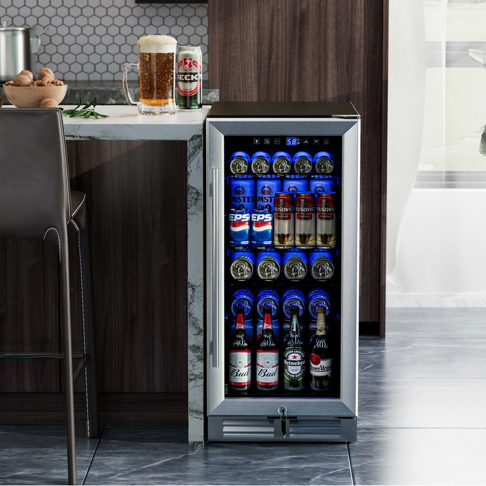 SlickBlue 3.5 Cu Ft Beverage Cooler, 100 Can Double Glass Door