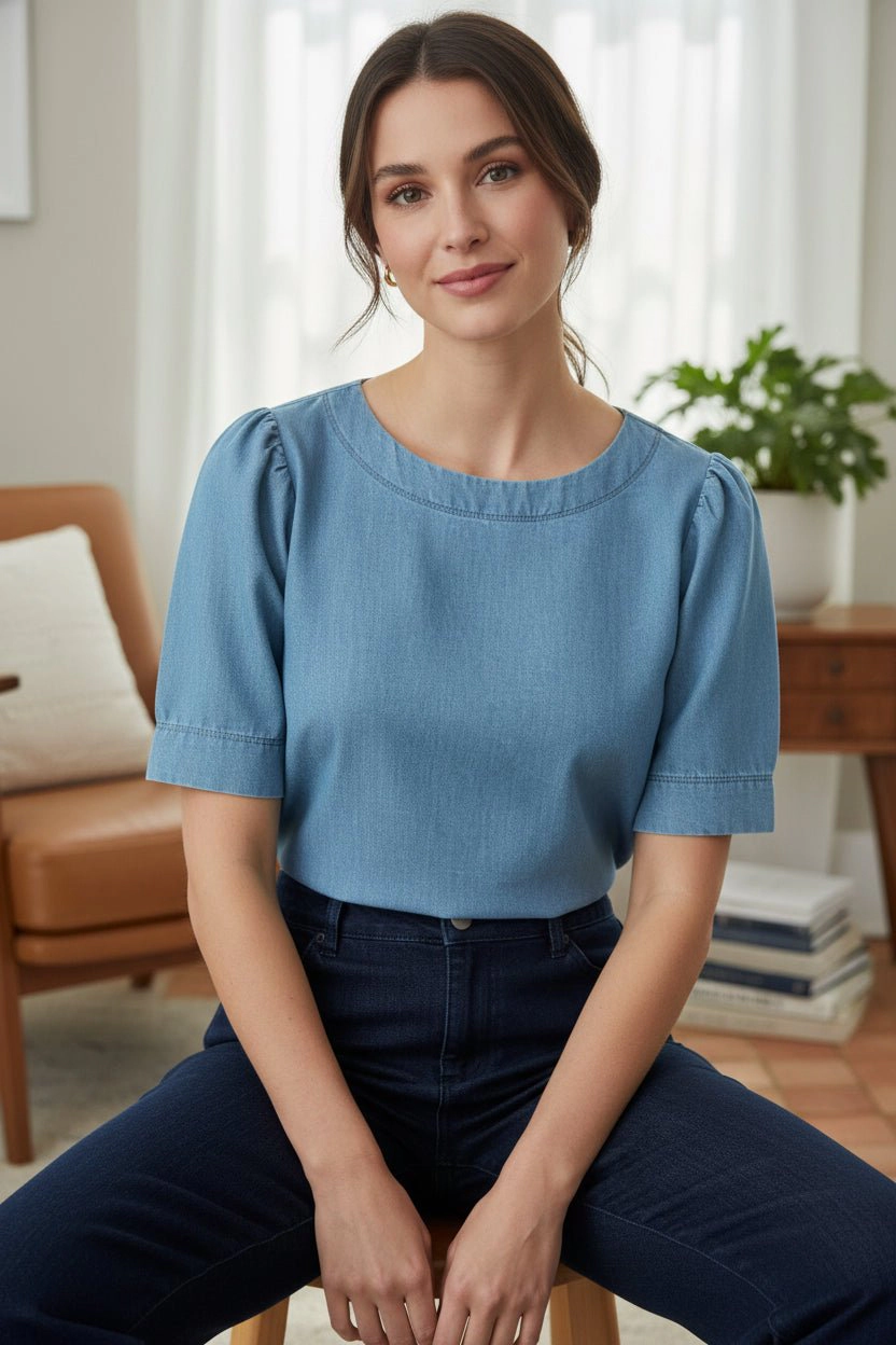 DressAtR Women's Light Blue Denim Round Neck Elbow Sleeve Back Button Blouse