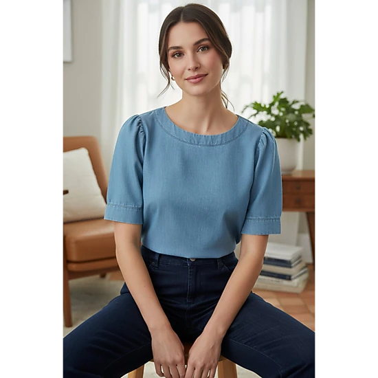 DressAtR Women's Light Blue Denim Round Neck Elbow Sleeve Back Button Blouse