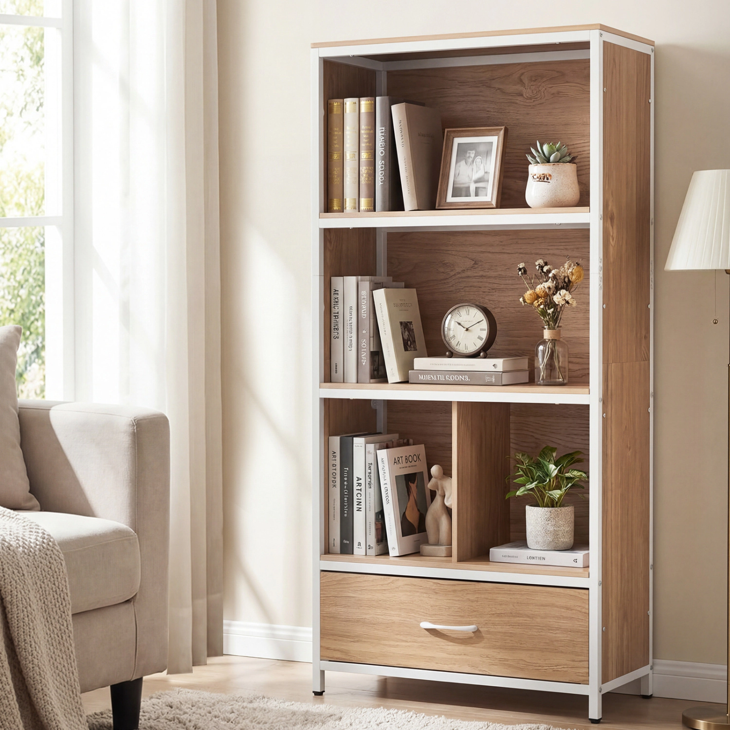 SlickBlue Tall Storage Bookcase with Fabric Drawer and Metal Frame