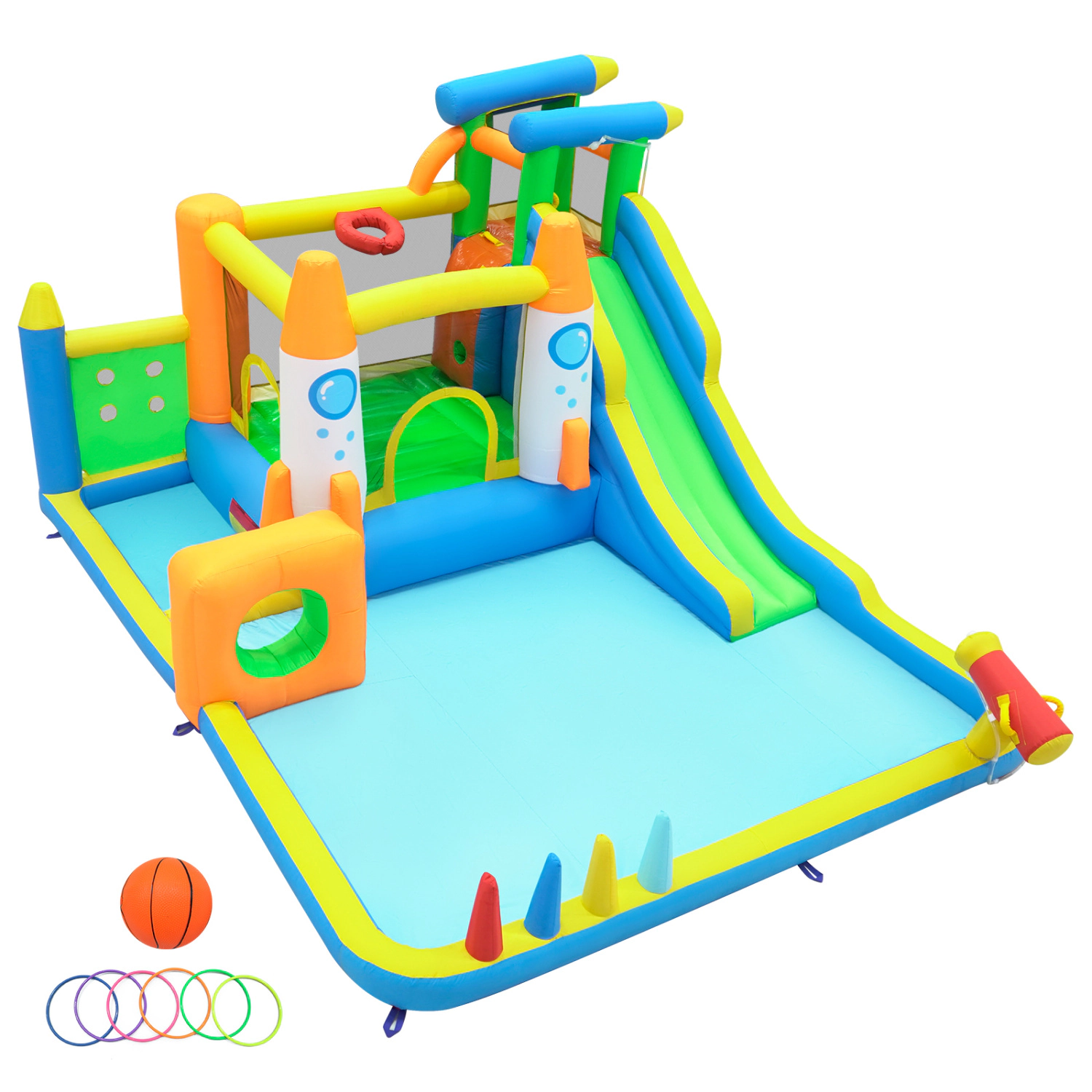 LJG 10-in-1 Inflatable Bounce House with Water Slide for Kids without Blower