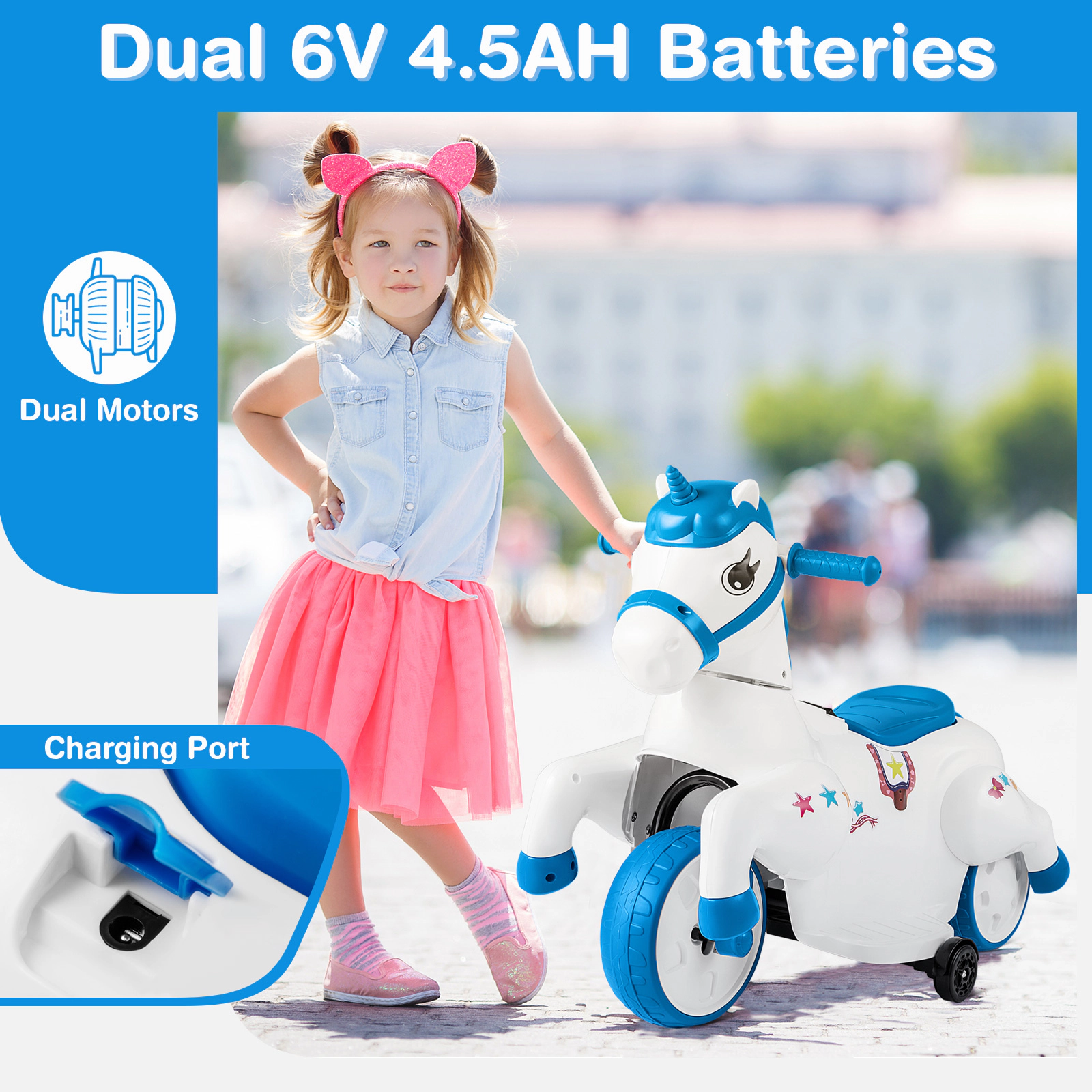 SUGIFT 12V Unicorn Ride-On Toy with Training Wheels and Horse Riding Mode 66-lb Capacity Ages 3+ 27-in Frame Navy
