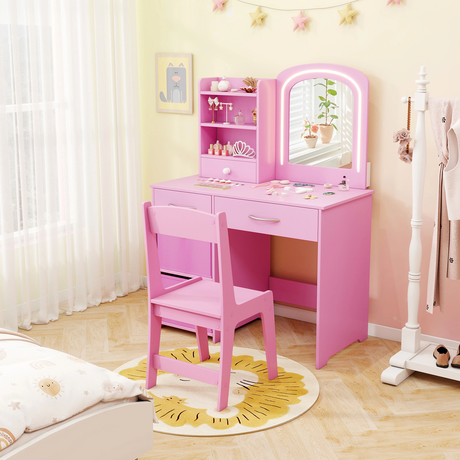 SUGIFT Pink Kids Vanity Set with Lighted Mirror, Chair, Drawers and Shelves