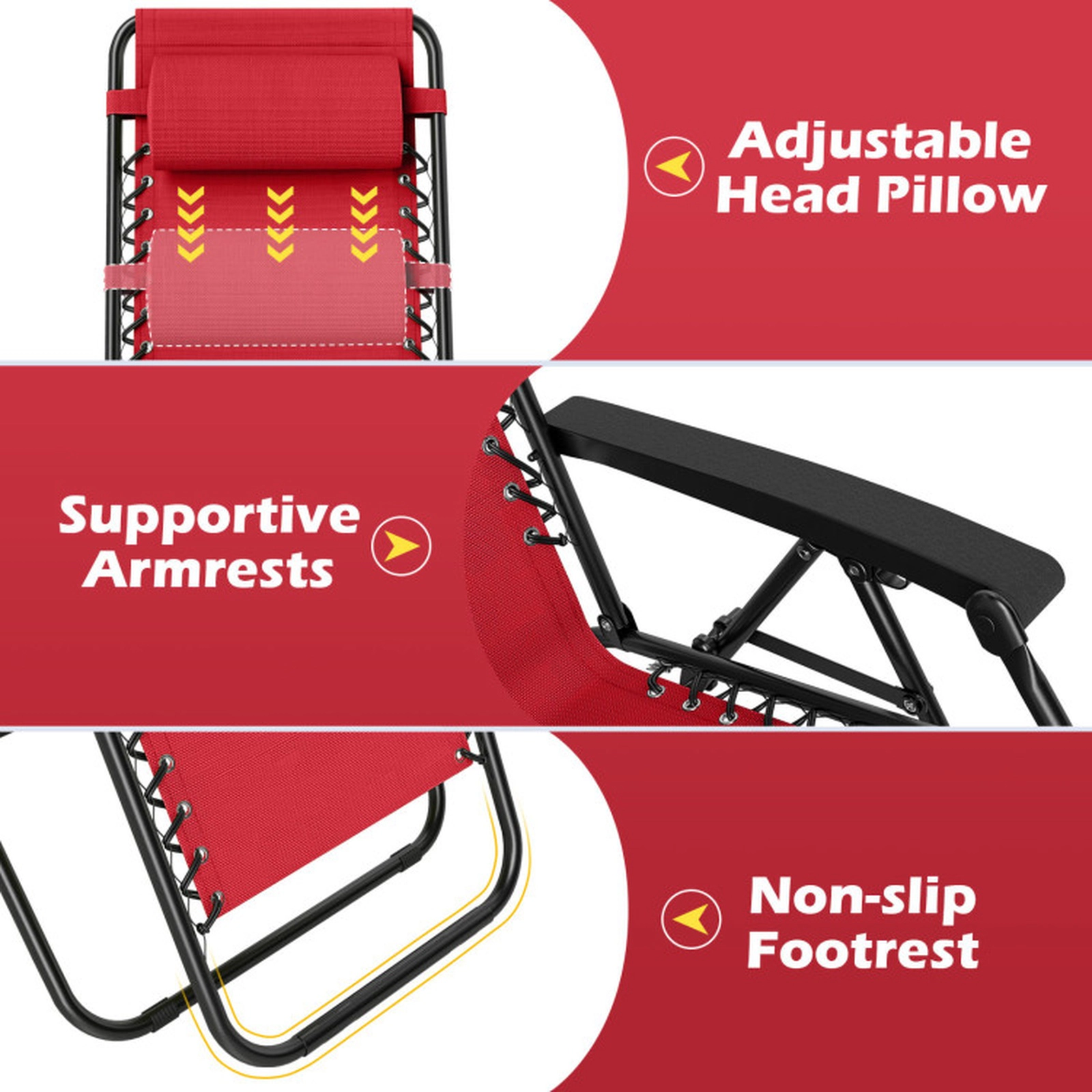 SUGIFT Set of 2 Red Steel Zero Gravity Recliners, 160° Recline, Cup Holder Tray, 250-Lb Capacity