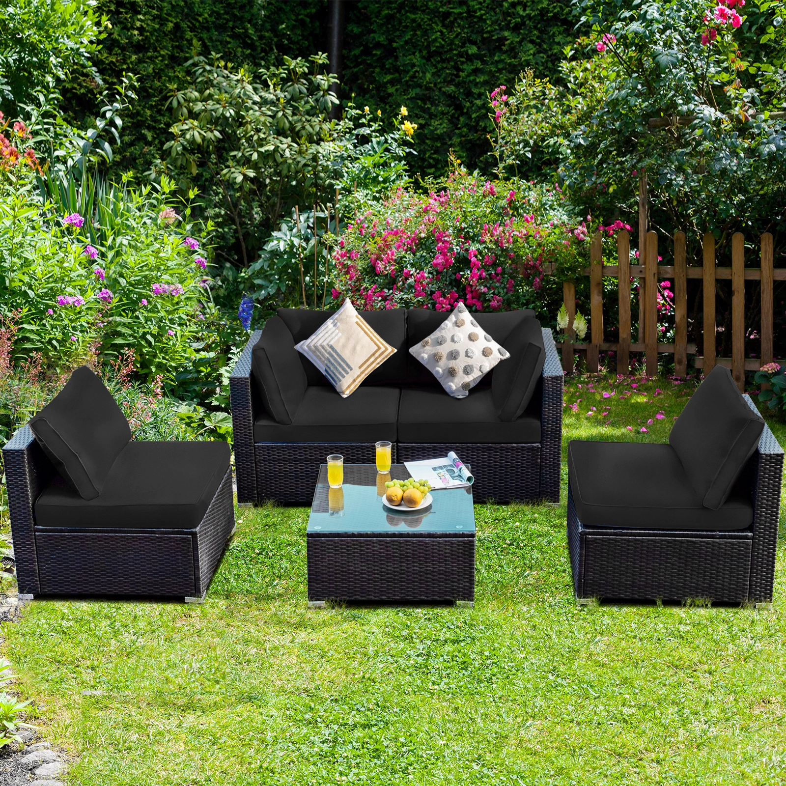 SUGIFT 5 Piece Cushioned Patio Rattan Furniture Set with Tempered Glass Table