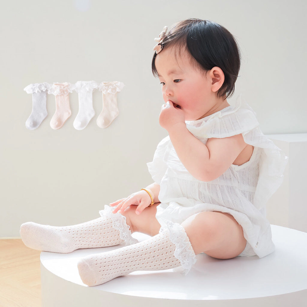 MyKids-USA Baby Girl Solid Color Mesh Patched Design Lace Socks