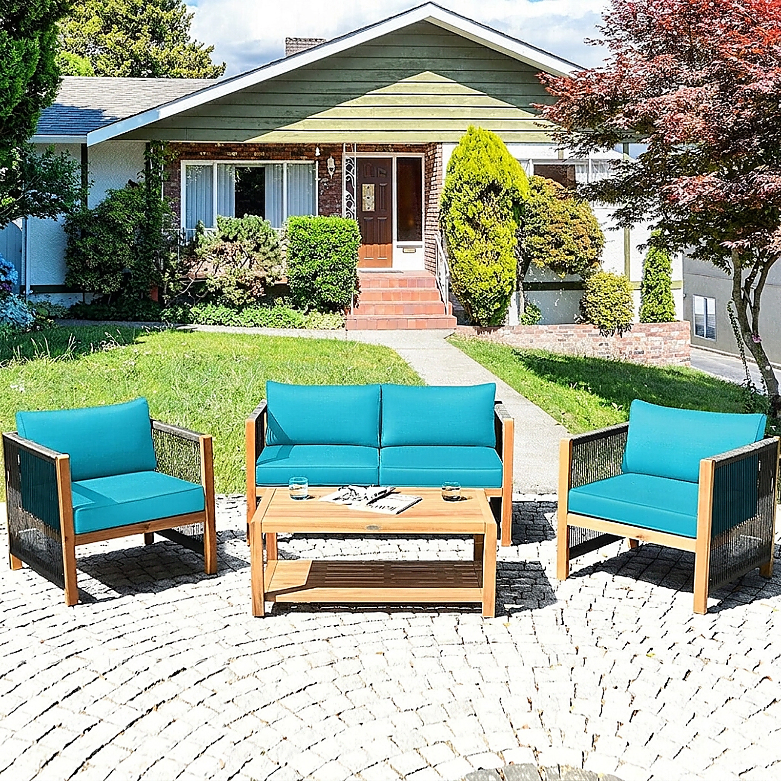 SUGIFT 4-Piece Turquoise Acacia Wood Patio Sofa Set with Loveseat, 2 Chairs and Table