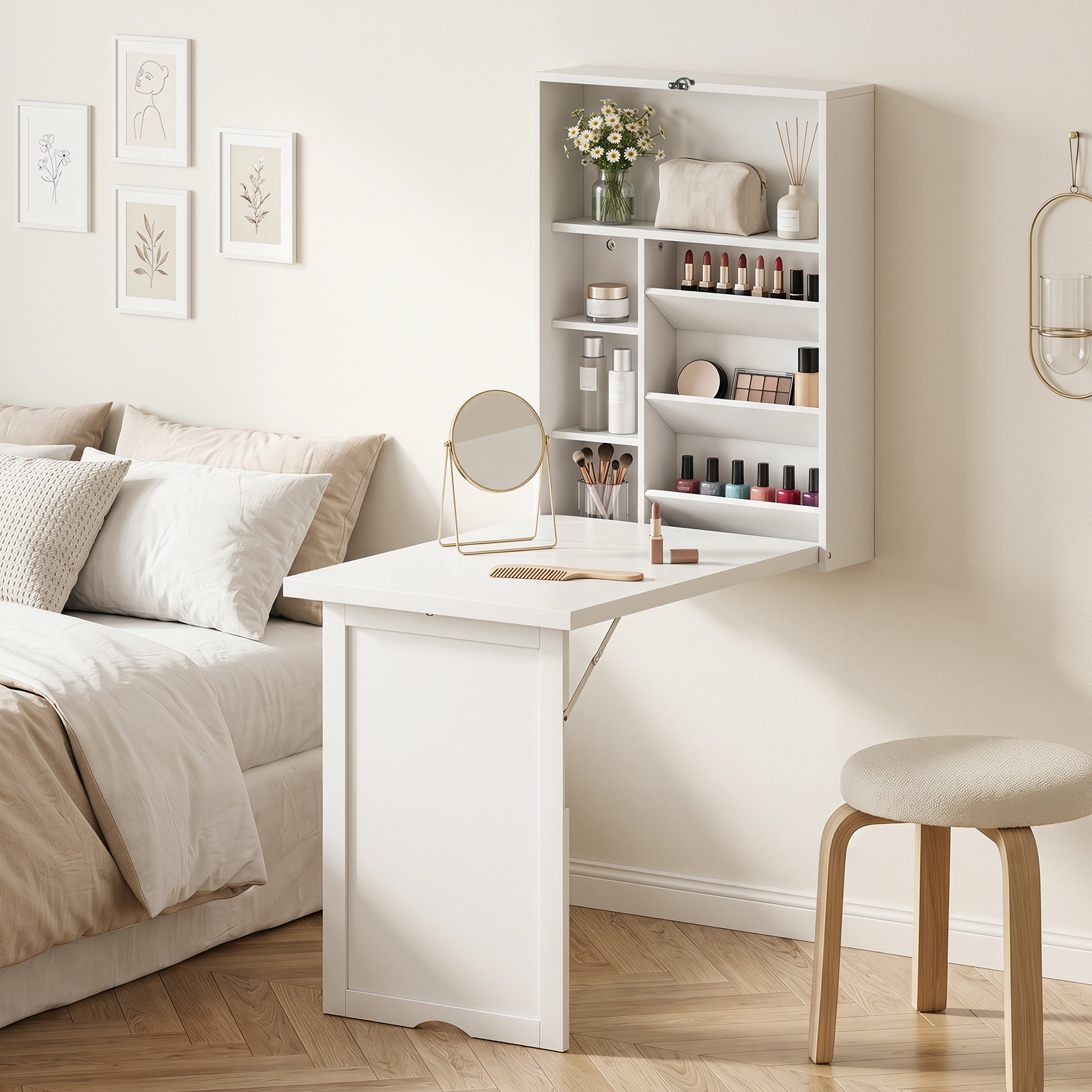 Costway Wall Mounted Computer Convertible Desk Floating w/ Storage Bookcases White
