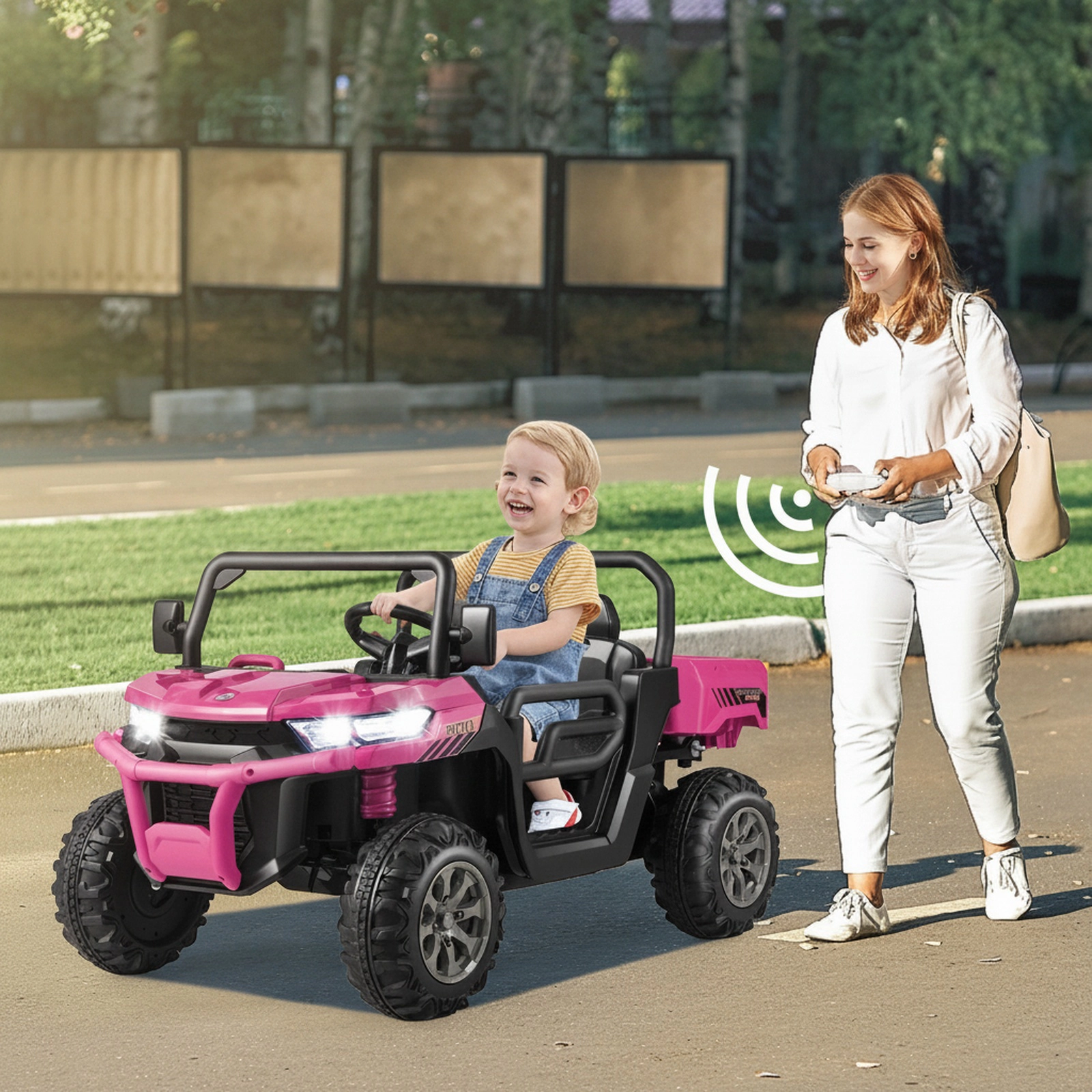 2-Seater Kids Ride On Dump Truck Emergency Brake Remote Rocking Mode Lockable Doors 12V Ages 3-8 110-lb Capacity Pink