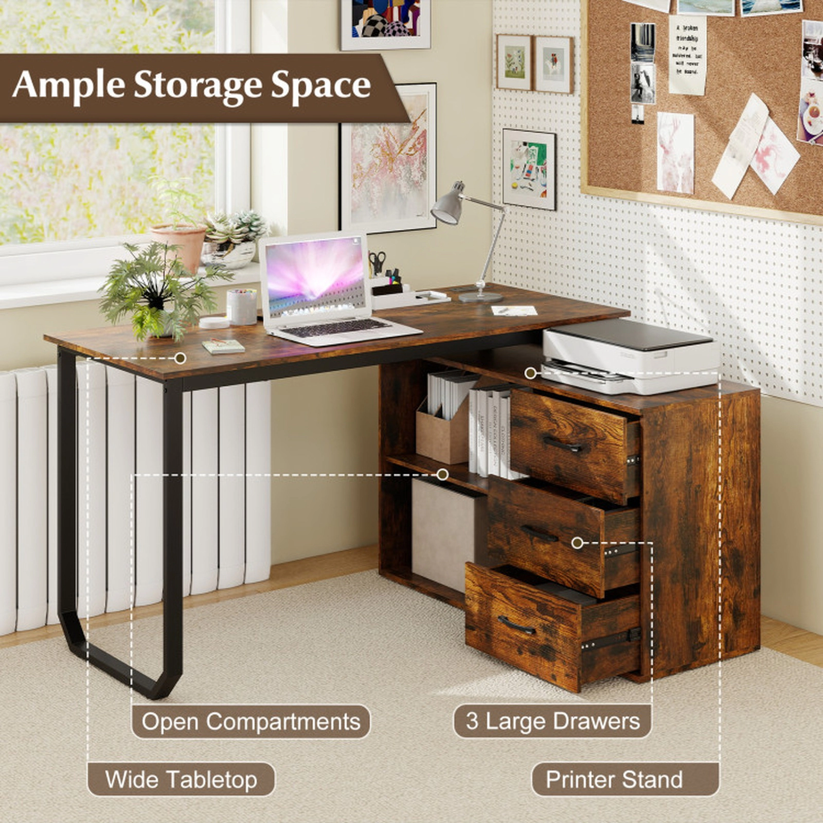 SUGIFT 110-lb Capacity Rustic Brown 55-in Reversible L-Shaped Desk with 3 Drawers and Adjustable Shelf