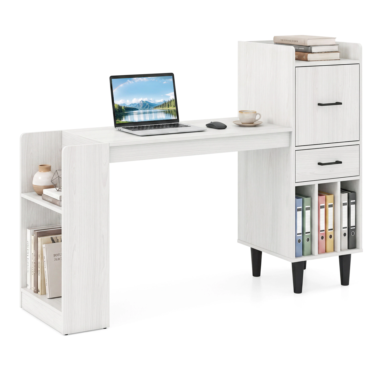 LJG 59" Home Office Desk with Side Storage Shelves and Drawer Cabinets for Bedroom